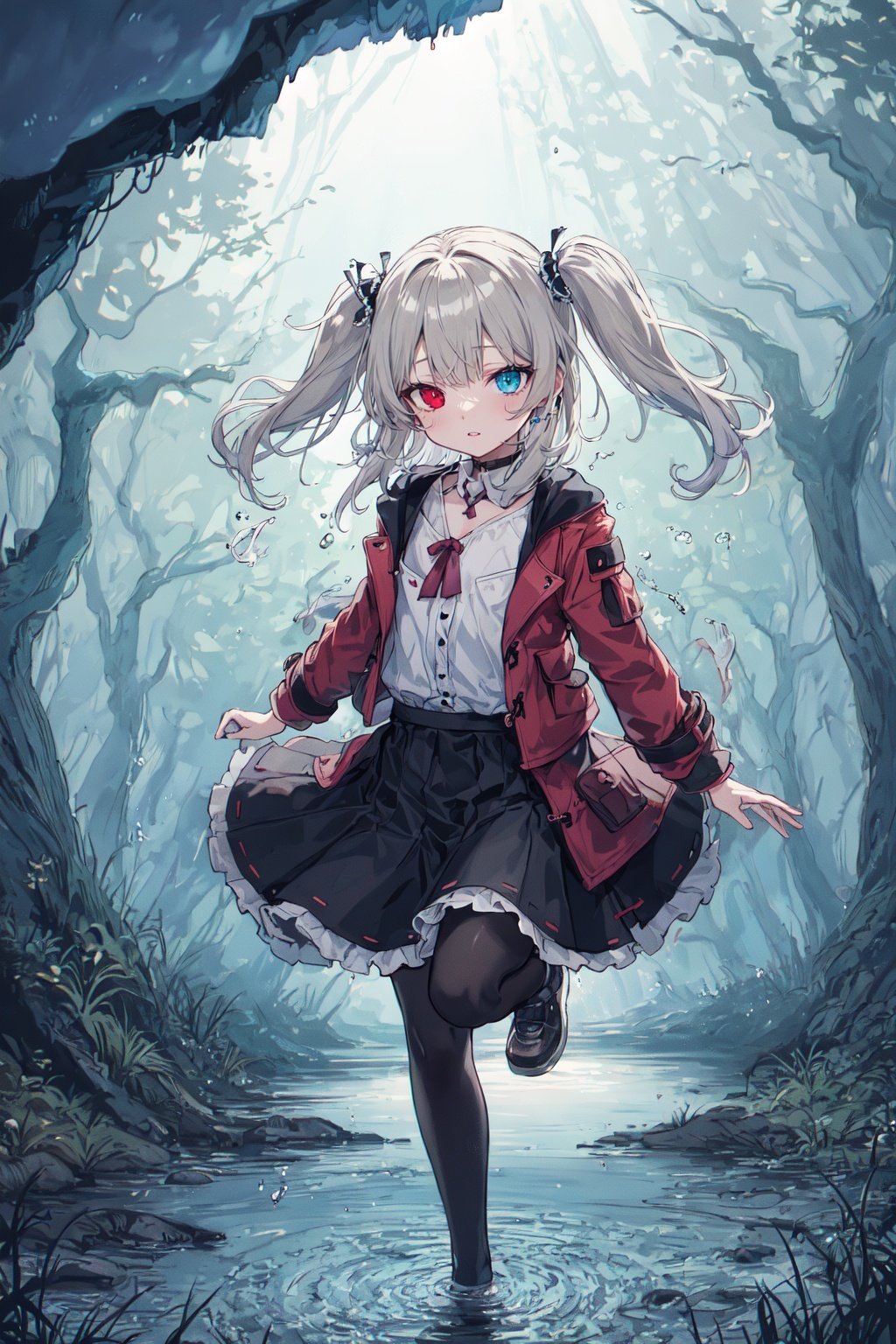 hasegawa kobato, solo, 1girl, heterochromia, loli, flat chest, sleepy, sleeveless turtleneck, duffel coat,salmon lowleg skirt, black thighband pantyhose, balancing,arm rest, dark underground cave, dripping, mysterious atmosphere, secret tunnel, dim light source, distant sounds, subterranean lake, moist walls<lyco:kobato:1>,