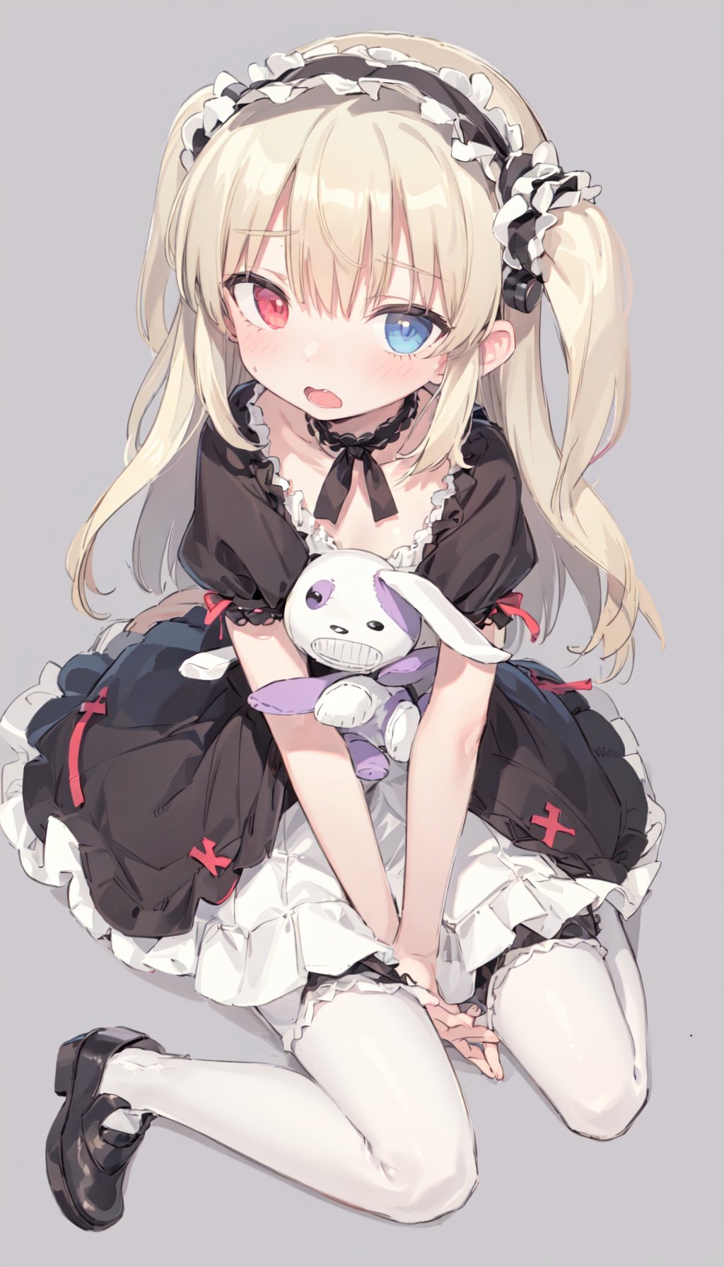 hasegawa kobato, solo, 1girl, gothic lolita, lolita hairband, stuffed bunny, ankle lace-up, sitting, wariza, black dress, blush, open mouth, pantyhose, white pantyhose, cross-laced footwear, looking at viewer, shoes,<lyco:kobato:1>, 