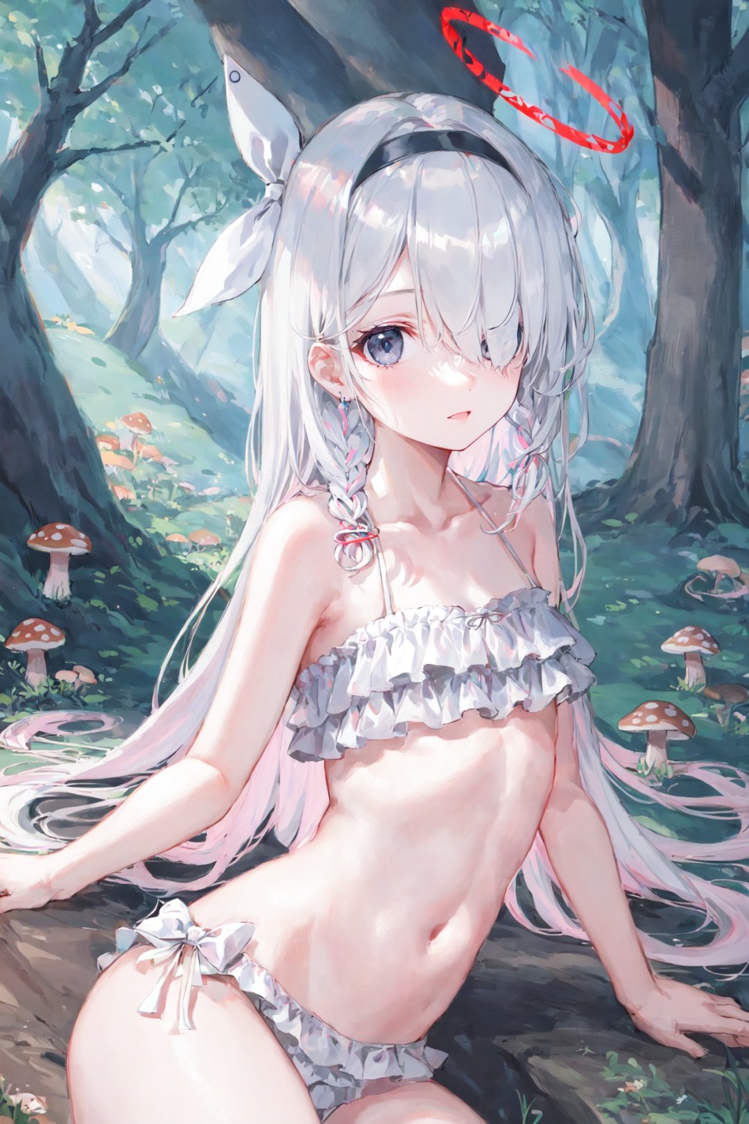 sfw, 1girl, Plana, red halo, grey eyes, white hair, long hair, single braid, hair over one eye, flat chest, black hairband, white hair bow, white bikini, on stomach, Fairy Tale Forest, Trees, mushrooms, brook, evening, sunlit, enchanted, mystical<lyco:arona_plana:1.0>