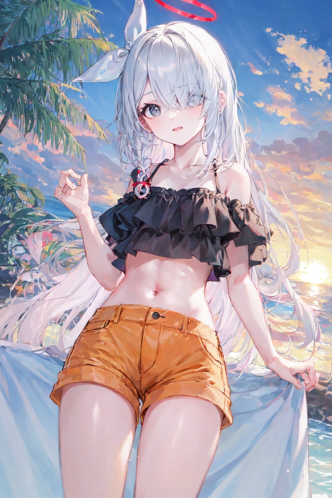 sfw, 1girl, Plana, red halo, grey eyes, white hair, long hair, single braid, hair over one eye, flat chest, (lime green:1.2) off-shoulder shirt, lace trim, orange denim shorts, beach, tropical, palm trees, sunset, sunny, tranquil, relaxing <lyco:arona_plana:1.0>