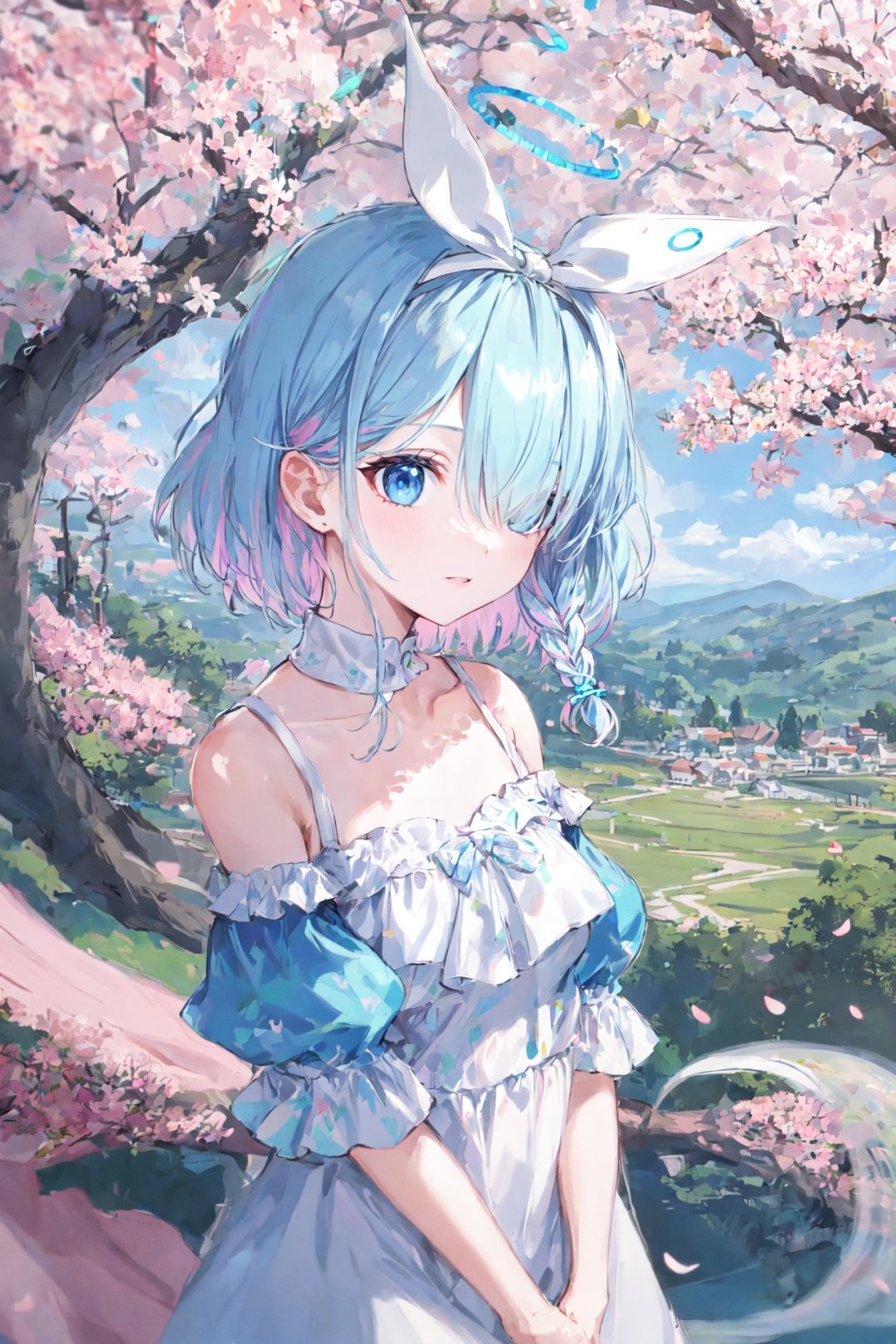 sfw, 1girl, Arona, (blue halo:1.2), blue eyes, blue hair, short hair, single braid, hair over one eye, flat chest, (white hairband:1.2), white hair bow, ghost white tunic, w arms, hillside covered in cherry blossom trees in bloom, midday lighting, idyllic and picturesque scenery<lyco:arona_plana:1.0>