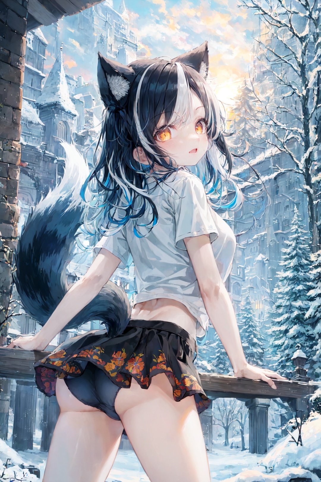 (sfw:1.3), 1girl, flat chest, asymmetrical breasts, large areolae, hips, thighs, dog ears, dog tail, dog girl, (cornrows, wavy hair, parted bangs, (streaked hair:1.2), (white hair, black hair, blue hair):1.2), (dark orange eyes:1.2), taut shirt  shirt, lowleg skirt, piano print side-tie panties, arched back, Winter Wonderland, Snow-covered trees, icicles, evening, sparkling, serene, magical<lyco:utatanelolicoco:1.0>