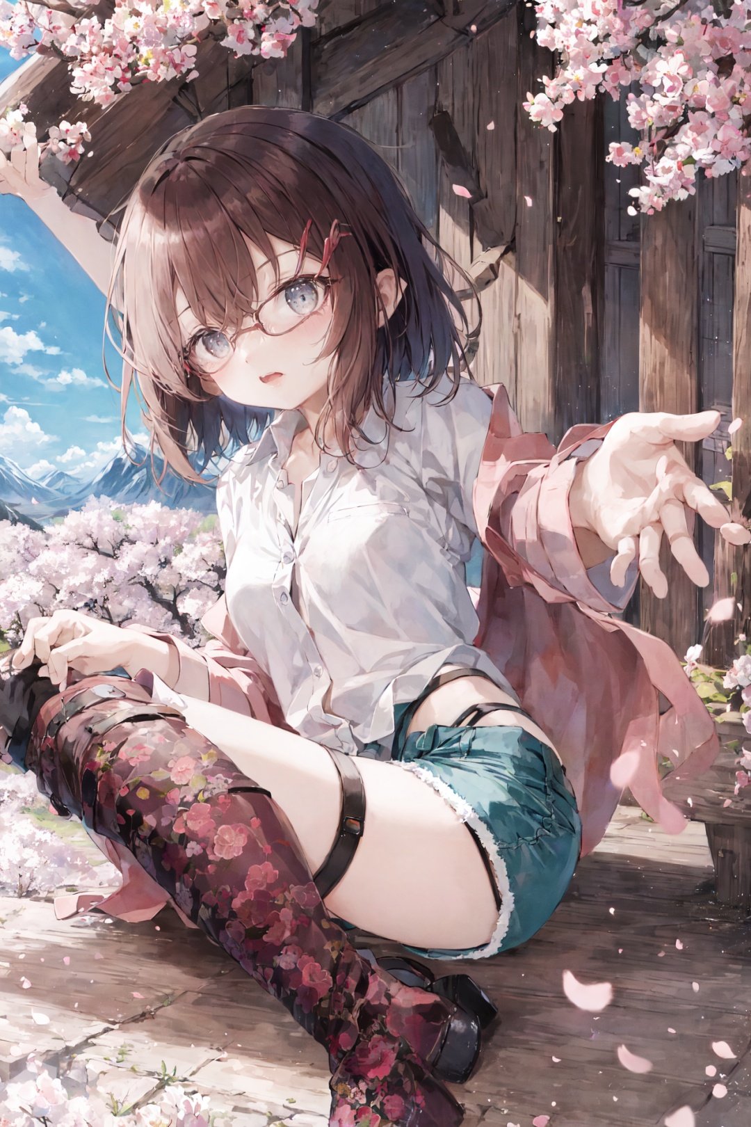 (sfw:1.3), 1girl, medium breasts, linea alba,  (rosy brown hair, short hair, hair flaps:1.2), (dim gray eyes:1.2), orange red collared shirt, sukajan, aqua lowleg shorts, glasses, garter belt, knee boots, reclining,reaching, mountain covered in cherry blossom trees in bloom, pink petals falling from the trees, dusk lighting, serene and enchanting atmosphere<lyco:utatanelolicoco:1.0>