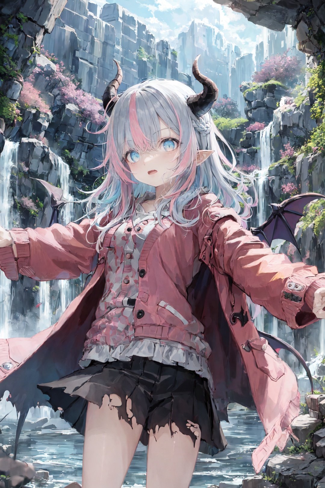 (sfw:1.3), 1girl, small breasts, areolae, hips, demon girl, demon horns, demon wings, (crown braid, messy hair, curtained hair, (multicolored hair:1.2), (grey hair, light blue hair, pink hair):1.2), (coral eyes:1.2), torn clothes red cardigan, duffel coat, silver trim,  skirt,, squating,outstretched arms, waterfall, rocks, moss, evening, misty, serene, scenic<lyco:utatanelolicoco:1.0>