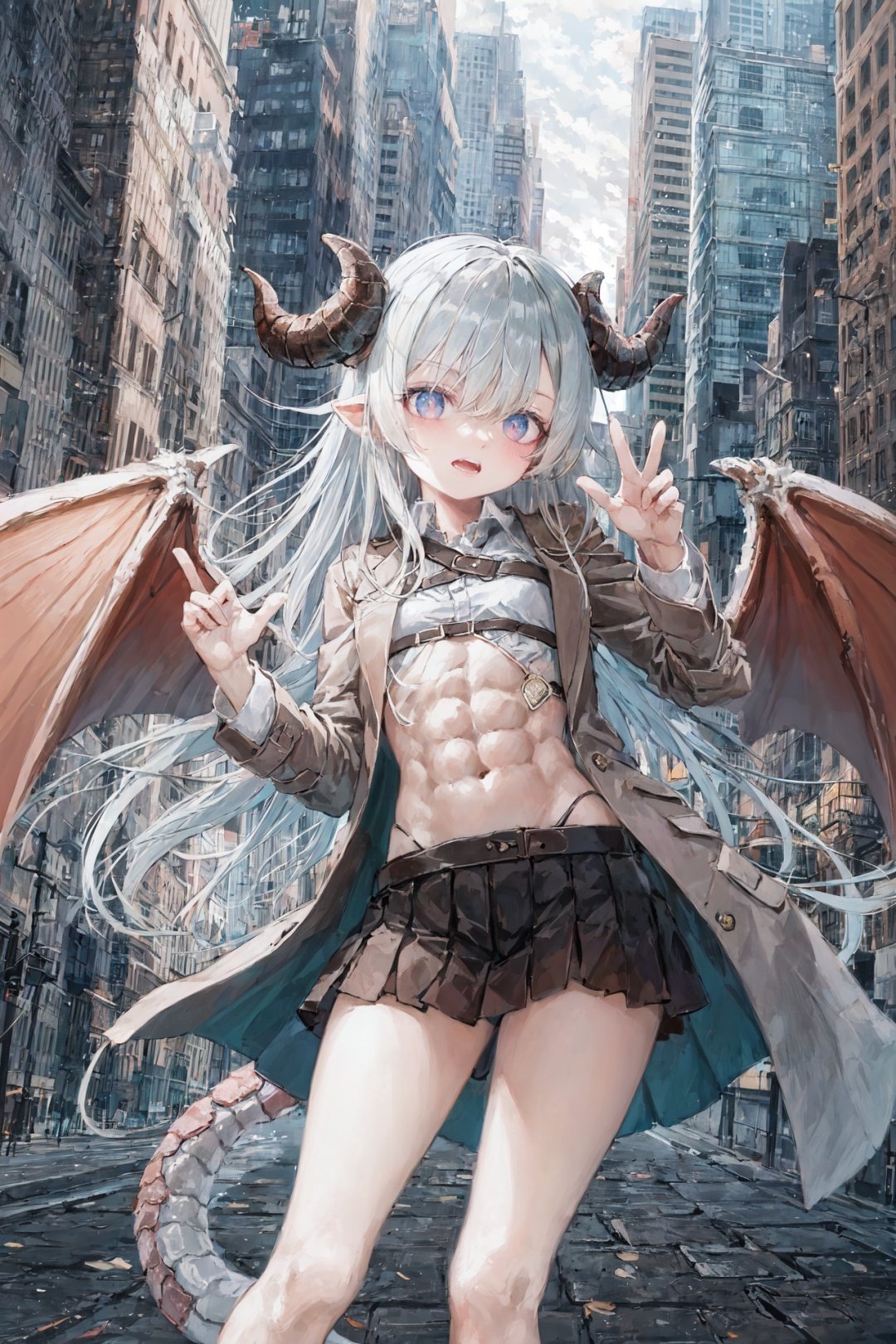 (sfw:1.3), 1girl, small breasts, abs, thin legs, dragon girl, dragon horns, dragon wings, dragon tail, scales, (dark salmon hair, very long hair, low-braided long hair:1.2), (deeppink eyes:1.2), flower trim  blazer, silver trim olive green long coat, dark gray high-waist skirt,, on back,victory pose, city, skyscrapers, streets, daytime, foggy, chaotic, industrial<lyco:utatanelolicoco:1.0>