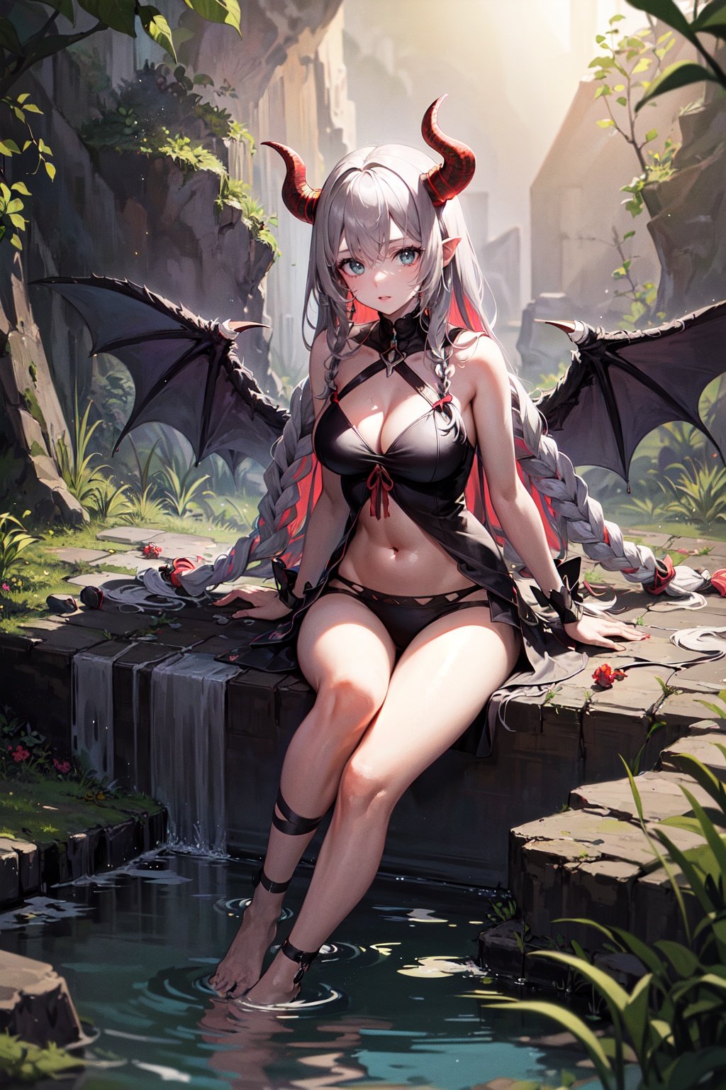 1girl, medium breasts, pointy breasts, large areolae, belly, demon girl, demon horns, demon wings, (very long hair, quad braids, pointy hair, (multicolored hair:1.2), (grey hair, dark green):1.2), (firebrick eyes:1.2), light pink tunic, cold, arm rest, dark underground cave, stalagmites, mysterious atmosphere, hidden tunnel, faint light source, echoing sounds, subterranean lake, damp walls <lyco:AOMv2_hard_accent:1>,