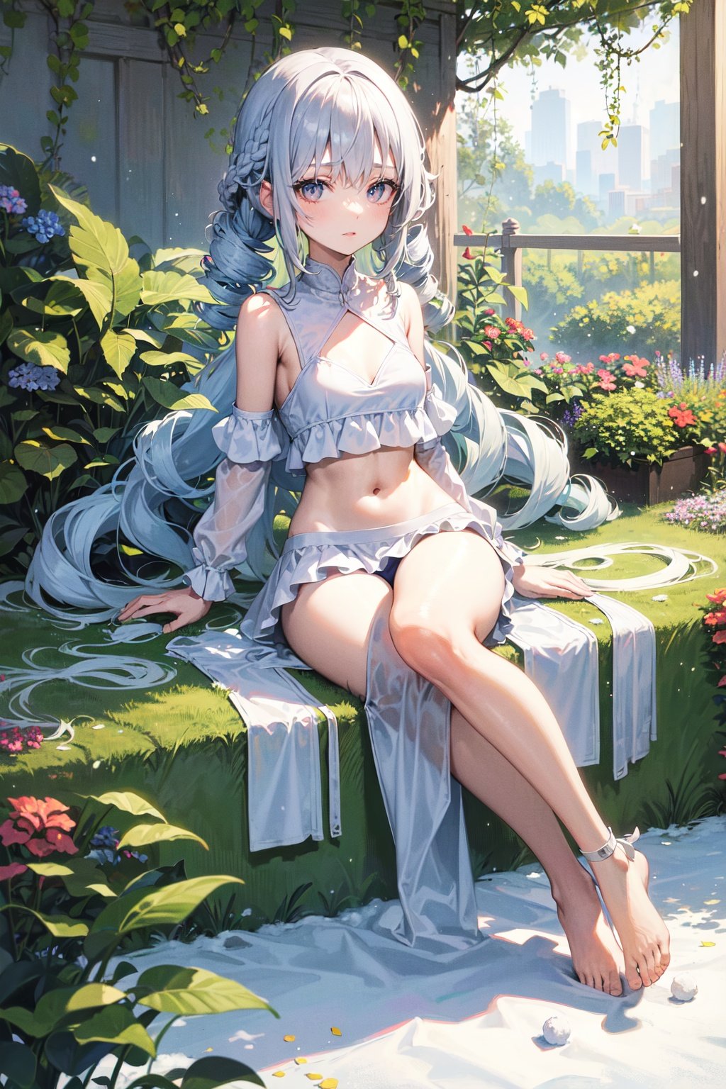 1girl, flat chest, nipples, wide hips,  (absurdly long hair, braid, drill hair, (gradient hair:1.2), (light blue hair, light brown hair):1.2), (snow white eyes:1.2), crop top, frills deeppink fur-trimmed coat, slate gray petticoat, confident, slouching, garden, evening, dewy, whimsical, lush greenery, fanciful sculptures, tranquil <lyco:AOMv2_hard_accent:1>, 