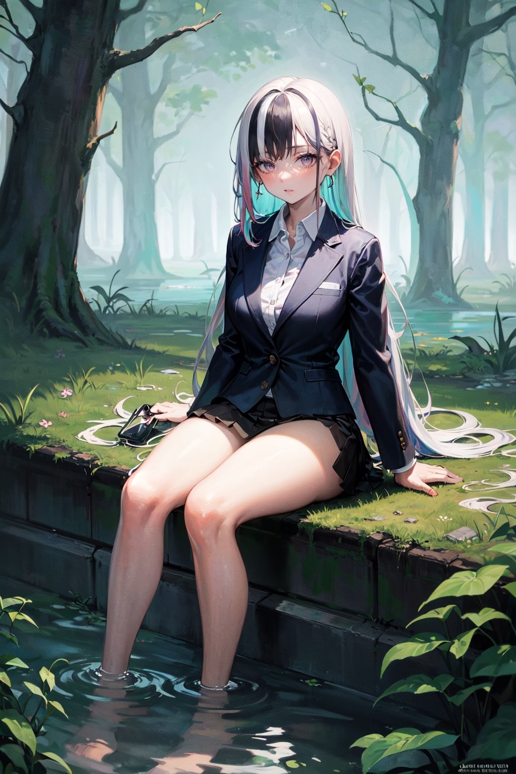 1girl, medium breasts, large areolae,   (very long hair, pointy hair, (streaked hair:1.2), (aqua hair, light purple hair):1.2), (sandy brown eyes:1.2), blazer, flower trim,  skirt, highleg panties, hoop earrings, confident, legs together, Boggy Swamp,Thick bog with patches of stagnant water, twisted trees, decaying vegetation, murky atmosphere <lyco:AOMv2_hard_accent:1>,