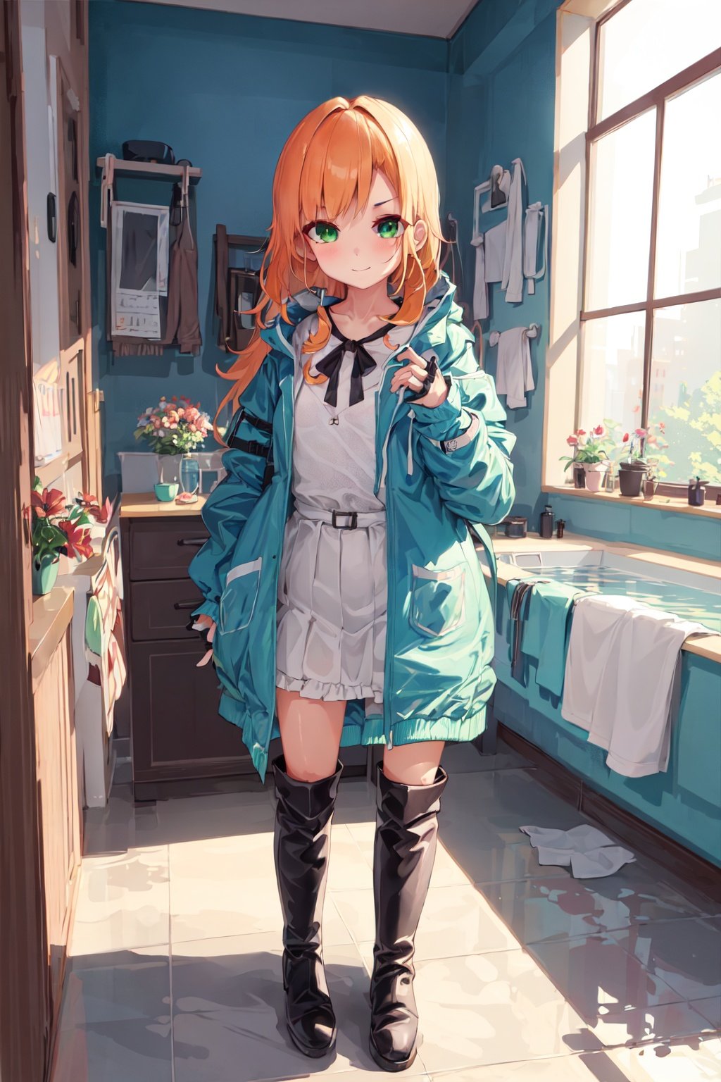 1girl, , orange hair, long hair, green eyes, :q, small breasts, standing, dress flower frilled shirt, gathers raincoat, lace trim, lowleg skirt, knee boots, indoors, bathtub <lora:tenroy:1>, 