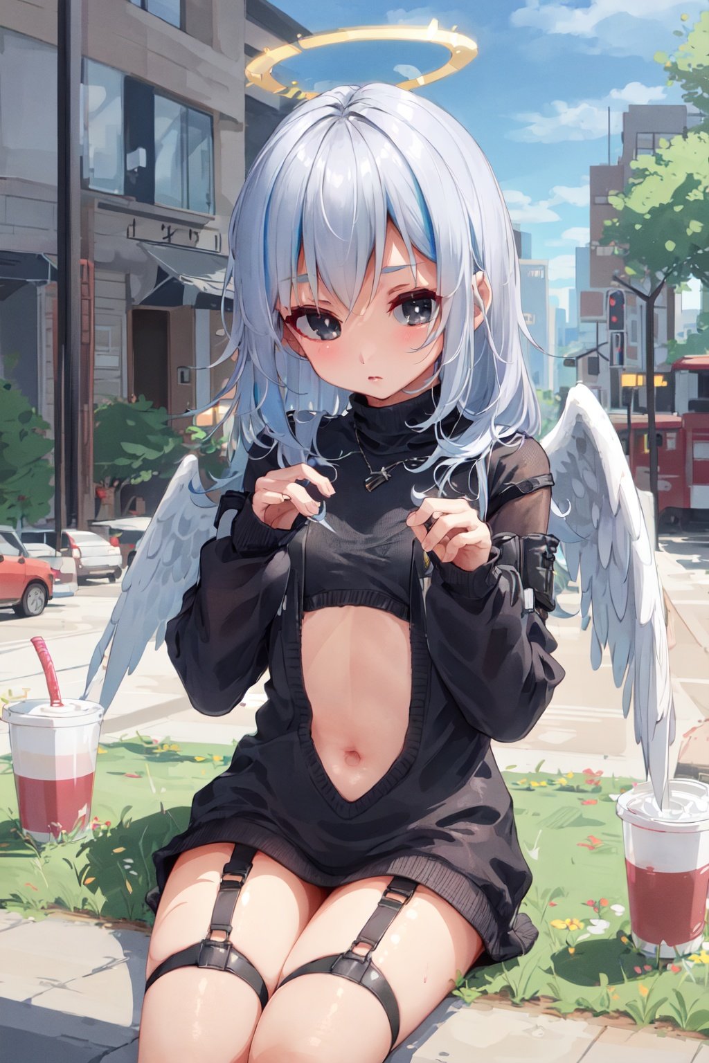 1girl, angel girl, halo, angel wings, light blue hair, messy hair, black eyes, thirsty, small breasts, sitting, see-through sweater dress, bottomless, garter straps, outdoors, airfield <lora:tenroy:1>, 