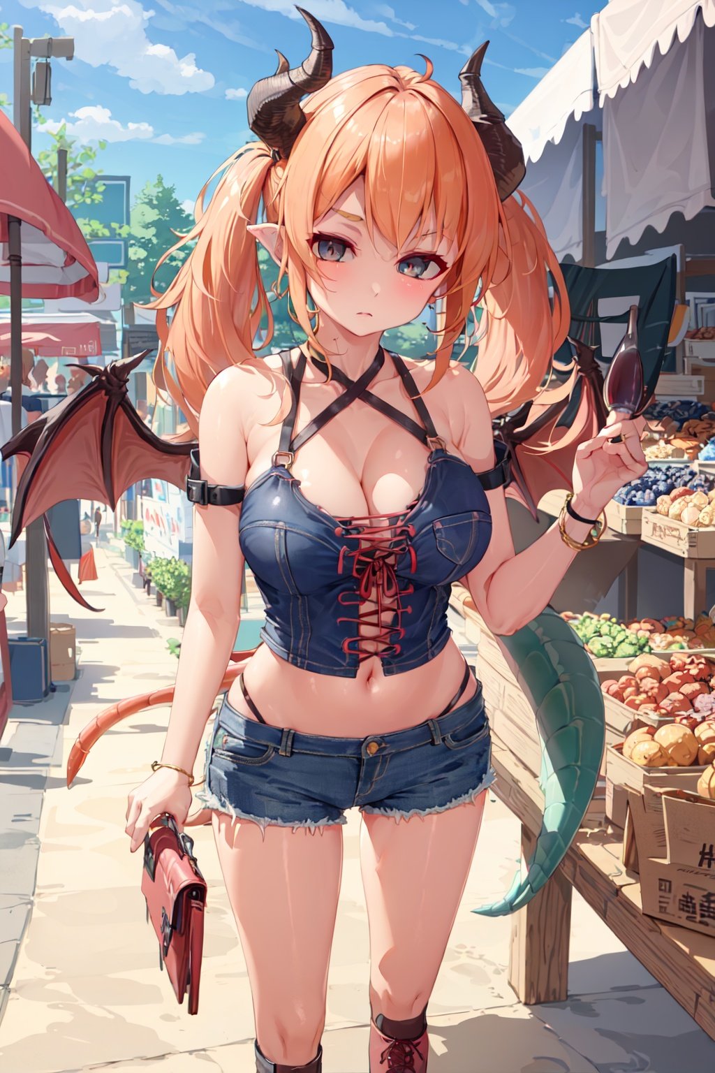 1girl, dragon girl, dragon horns, dragon wings, dragon tail, scales, orange hair, twintails, gray eyes, thoughtful, large breasts, standing, ribbon trim halterneck, gold trim, denim shorts, cross-laced footwear, outdoors, market stall <lora:tenroy:1>, 