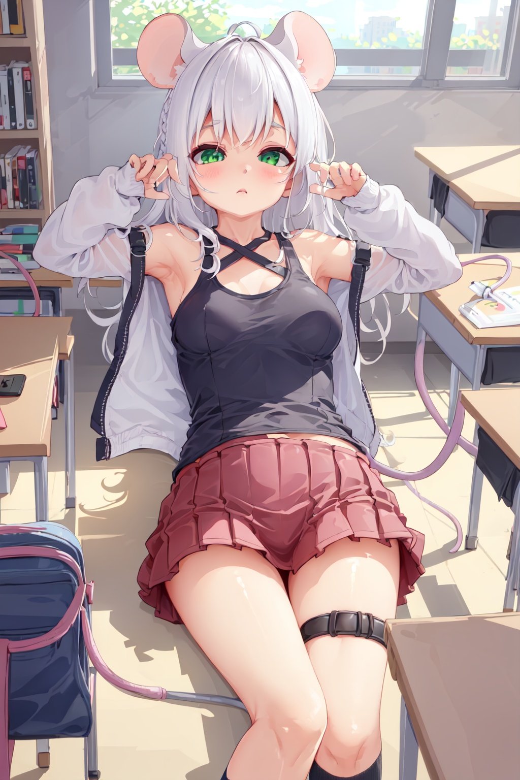 1girl, mouse ears, mouse tail, mouse girl, white hair, braid, green eyes, sleepy, medium breasts, lying, dress flower halterneck, microskirt, socks, sandals, indoors, classroom <lora:tenroy:1>, 