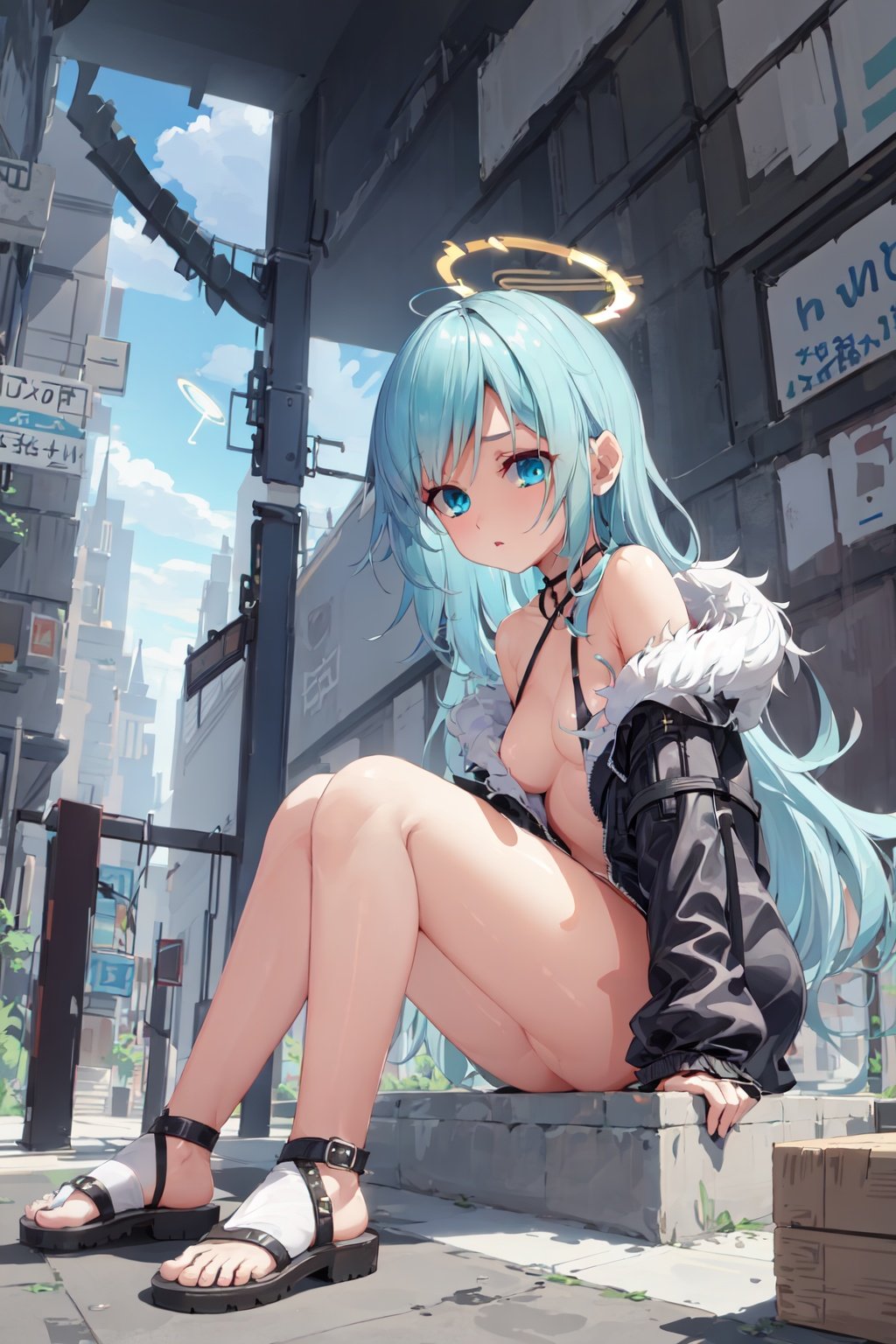 1girl, angel girl, halo, angel wings, aqua hair, long hair, blue eyes, worried, medium breasts, sitting, lace trim halterneck, gathers fur-trimmed coat, bottomless, cross-laced sandals, building, tower <lora:tenroy:1>, 