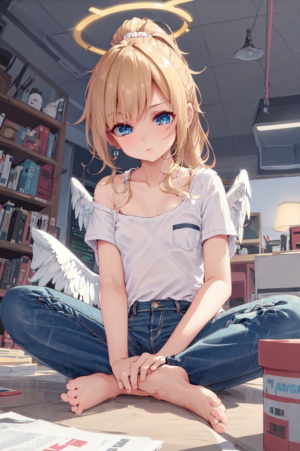 1girl, angel girl, halo, angel wings, light brown hair, ponytail, blue eyes, interested, flat chest, sitting, halterneck, pants rolled up, barefoot, indoors, office <lora:tenroy:1>, 