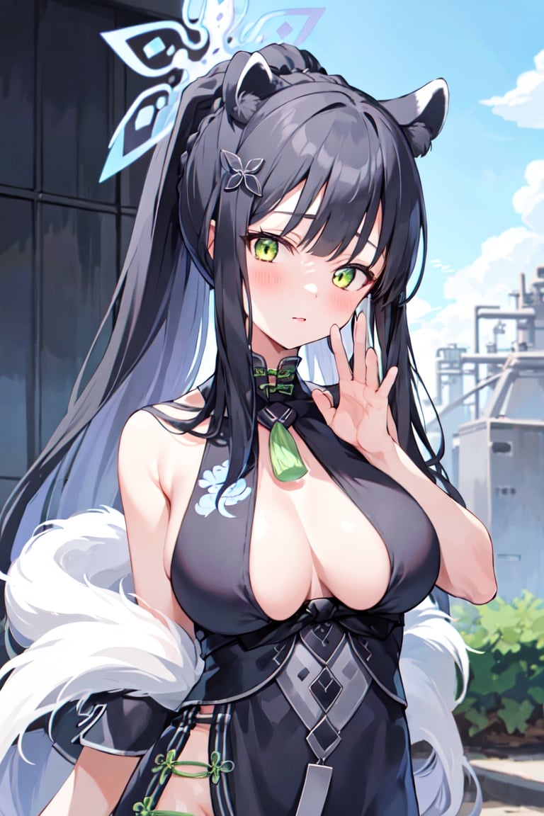 (shun \(blue archive\):1.2), 1girl, solo, black hair, long hair, looking at viewer, large breasts, halter dress, (chinese clothes:1.0), ponytail, bangs, blush, (halo:1.0), animal ear fluff, upper body, tiger ears, tiger girl, building, refinery <lora:shun:1>, 