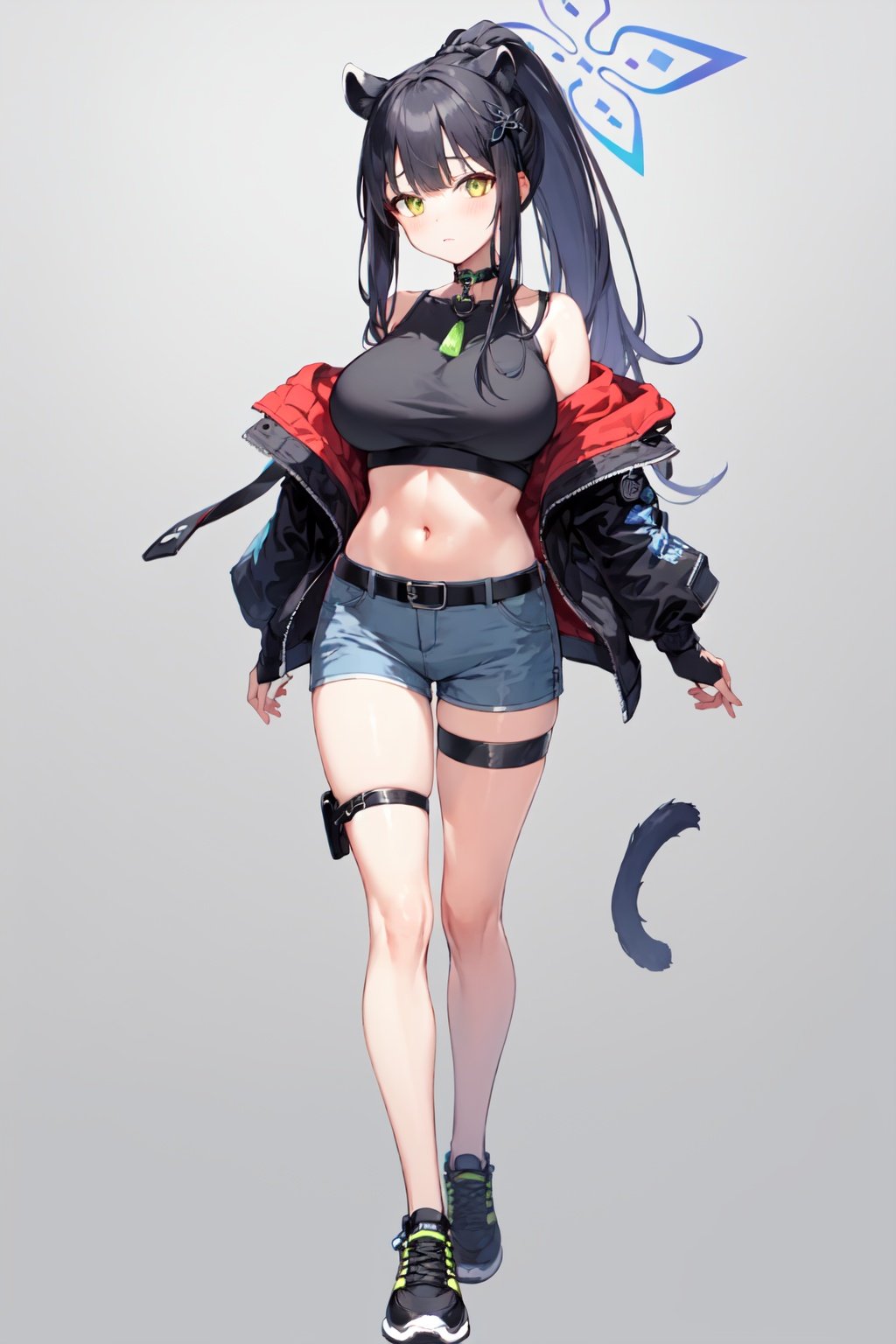 shun \(blue archive\), 1girl, solo, thigh strap, halo, shorts, black hair, long hair, full body, jacket, shirt, navel, large breasts, shoes, white background, standing, looking at viewer, short sleeves, ponytail, thighs, alternate costume, midriff, black shirt, choker, simple background, belt, crop top, black footwear, black choker, black belt, stomach, open jacket, bangs, off shoulder, open clothes, short shorts, closed mouth, long sleeves, black jacket, hair ornament, sneakers, blue shorts, animal ear fluff, blush, bare legs, buckle, hands on own chest, tiger ears, tiger girl <lora:shun:1>, 