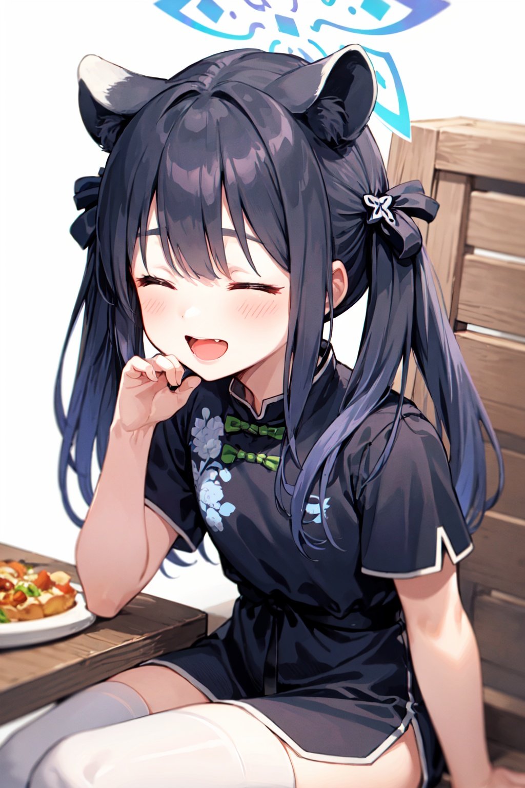 shun \(small\) \(blue archive\), 1girl, solo, white thighhighs, closed eyes, black hair, sitting, black dress, long hair, tiger ears, open mouth, twintails, short sleeves, white background, smile, spoon, halo, china dress, simple background, bangs, food, hand on own face, holding spoon, holding, hand on own cheek, tiger girl, blush, flat chest, hair ribbon <lora:shun:1>, 