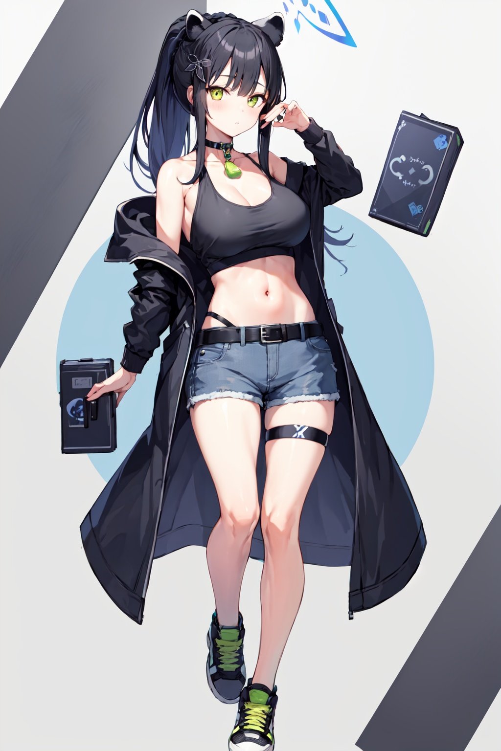 shun \(blue archive\), 1girl, solo, thigh strap, halo, shorts, black hair, long hair, full body, jacket, shirt, navel, large breasts, shoes, white background, standing, looking at viewer, short sleeves, ponytail, thighs, alternate costume, midriff, black shirt, choker, simple background, belt, crop top, black footwear, black choker, black belt, stomach, open jacket, bangs, off shoulder, open clothes, short shorts, closed mouth, long sleeves, black jacket, hair ornament, sneakers, blue shorts, animal ear fluff, blush, bare legs, buckle, hands on own chest, tiger ears, tiger girl <lora:shun:1>, 