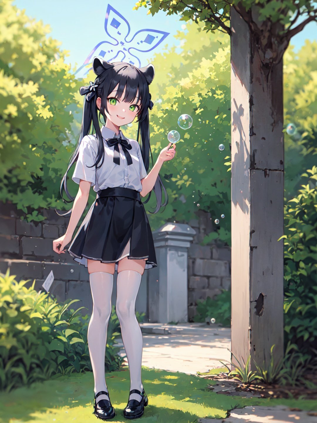 shun \(small\) \(blue archive\), halo, 1girl, flat chest, petite, green eyes, black hair, long hair, bangs, twintails, tiger ears, (hair ribbon:1.2), gathers shirt, lace trim, bubble skirt, white thighhighs, black footwear, standing, smile, outdoors, savannah <lora:shun:1>, 