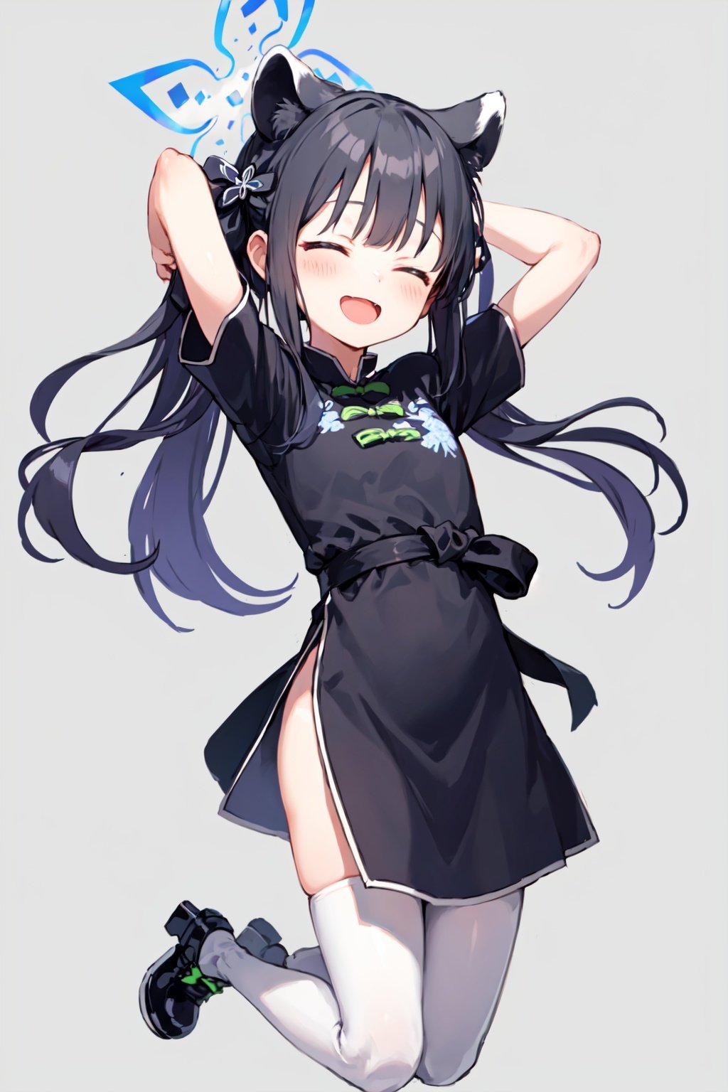shun \(small\) \(blue archive\), 1girl, solo, white thighhighs, closed eyes, black hair, twintails, long hair, white background, simple background, smile, arms up, short sleeves, halo, black dress, open mouth, full body, black footwear, china dress, shoes, bangs, blush, jumping, ^_^, bow, tiger ears, kneeling, tiger girl, flat chest, hair ribbon <lora:shun:1>, 