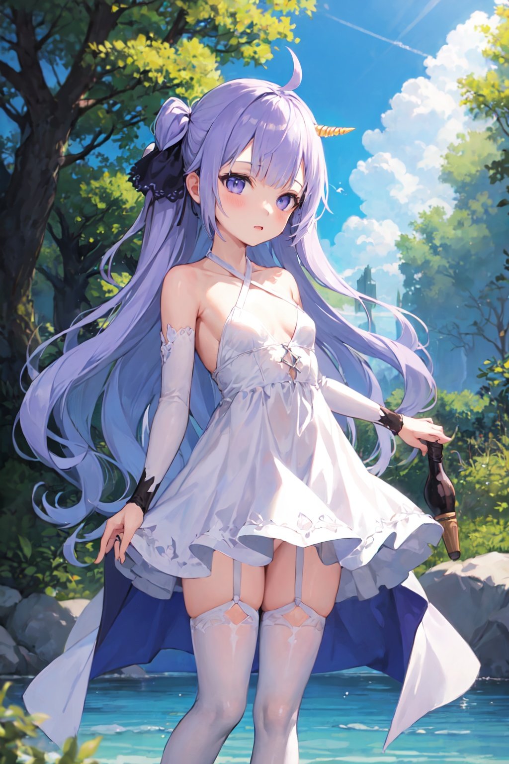 unicorn, 1girl, solo, small breasts, standing, white dress, detached sleeves, criss-cross halter, white thighhighs, hair ribbon, outdoors, water <lora:unicorn_loha_test:1>