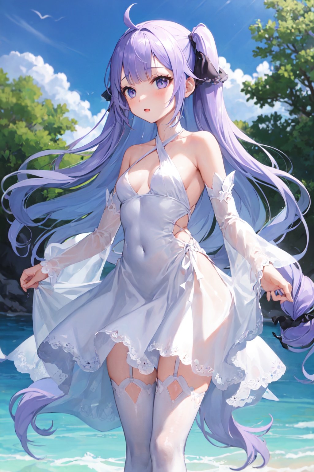 unicorn, 1girl, solo, small breasts, standing, white dress, detached sleeves, criss-cross halter, white thighhighs, hair ribbon, outdoors, water <lora:unicorn_loha_test:1>