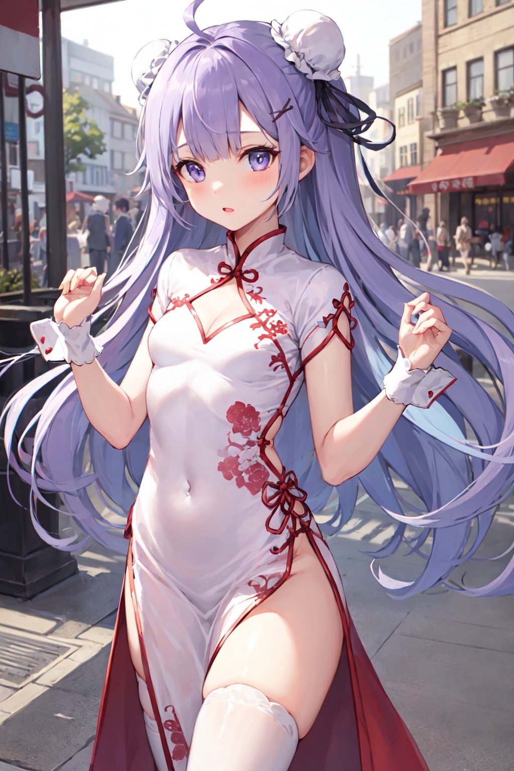 unicorn, 1girl, solo, (small breasts:1.1), standing, china dress, bun cover, white thighhighs, wrist cuffs, black ribbon, cleavage cutout, city street <lora:unicorn_loha_test:1>