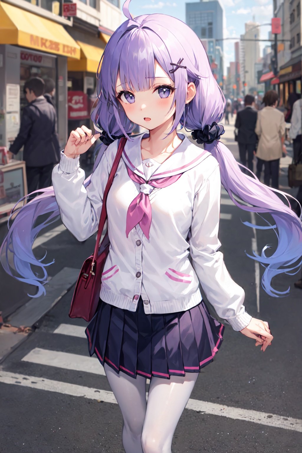 unicorn, 1girl, solo, (small breasts:1.1), low twintails, standing, white cardigan, white pantyhose, hair ornament, black scrunchie, pleated skirt, pink neckerchief, city street <lora:unicorn_loha_test:1>