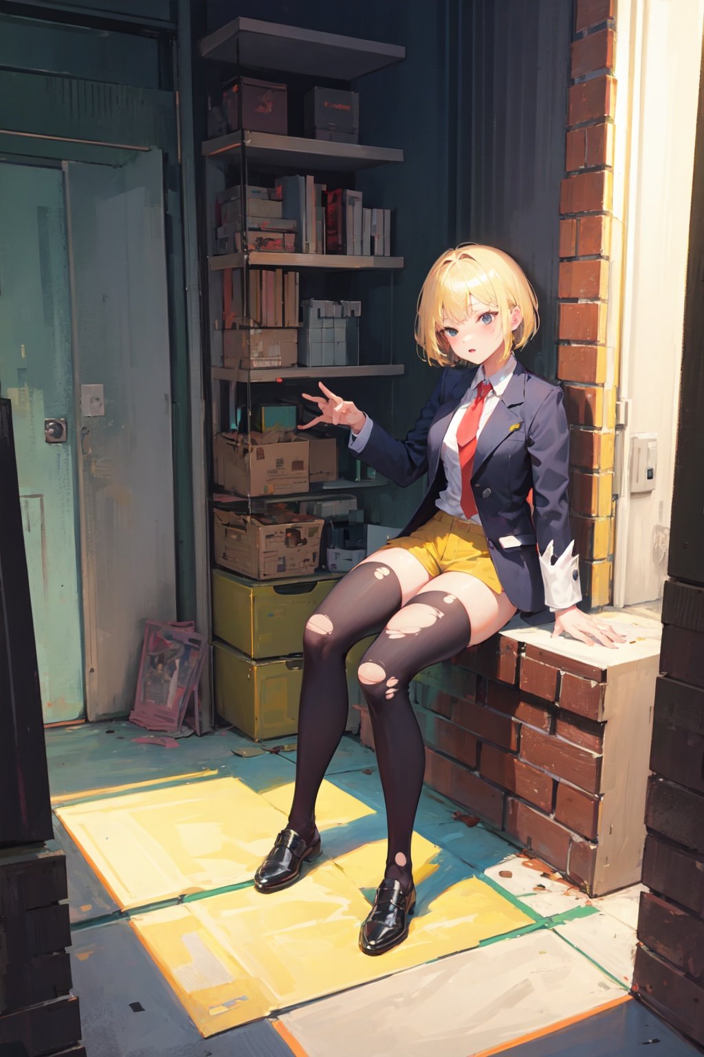 full body, 1girl, medium breasts, black eyes, blonde hair, short hair, sitting, torn clothes blazer, torn clothes, lowleg pants, thighhighs, building, temple <lora:pastel_check:1>