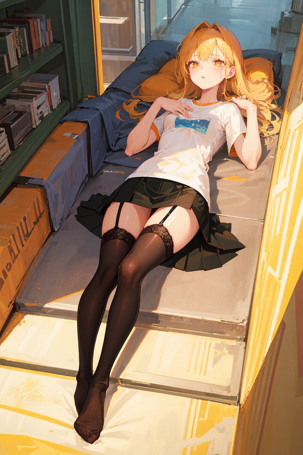 full body, 1girl, small breasts, orange eyes, blonde hair, hime cut, lying, gold trim compression shirt, microskirt, legwear garter, building, clock tower <lora:pastel_check:1>