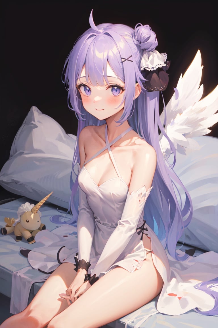 unicorn, 1girl, white dress, bow, solo, smile, stuffed winged unicorn, white background, stuffed toy, detached sleeves, sitting, stuffed animal, small breasts, collarbone, blush, bare shoulders, looking at viewer, closed mouth, simple background, hair ribbon, criss-cross halter  <lora:Unicorn_832x_8_4_1e-4_base_unet_5e-5_te_b2:1> <lora:pastel_mix_LoCon_dim16_alpha16:1>