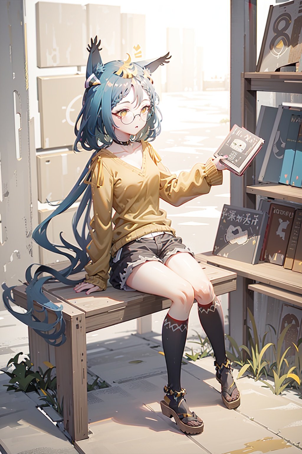 hatakaze \(azur lane\), 1girl, orange sweater, lowleg shorts, glasses, leaf on head, hair ornament, kneehighs, sitting, full body, outdoors, front of a bookstore, hold book, shopping bad next to her<lora:hatakaze_768x_1e-4_all_b2:1> <lora:pastel_mix_LoCon_dim16_alpha16:1>, 