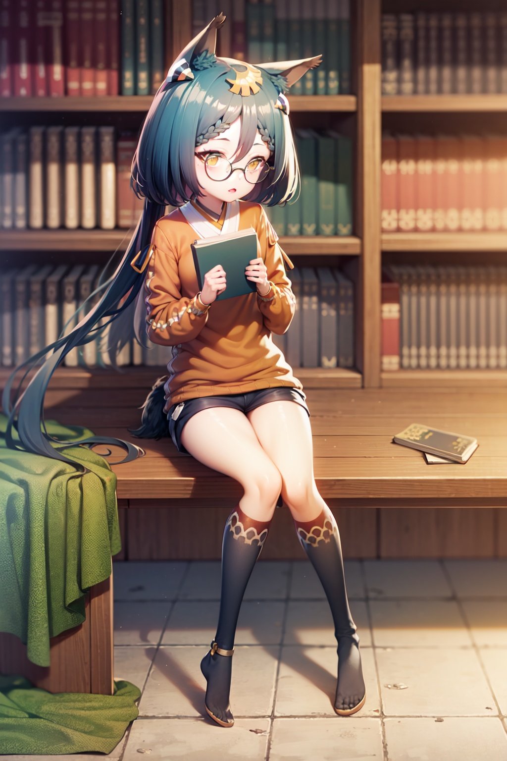 hatakaze \(azur lane\), 1girl, orange sweater, lowleg shorts, glasses, leaf on head, hair ornament, kneehighs, sitting, full body, outdoors, front of a bookstore, hold book, shopping bad next to her<lora:hatakaze_768x_1e-4_all_b2:1>