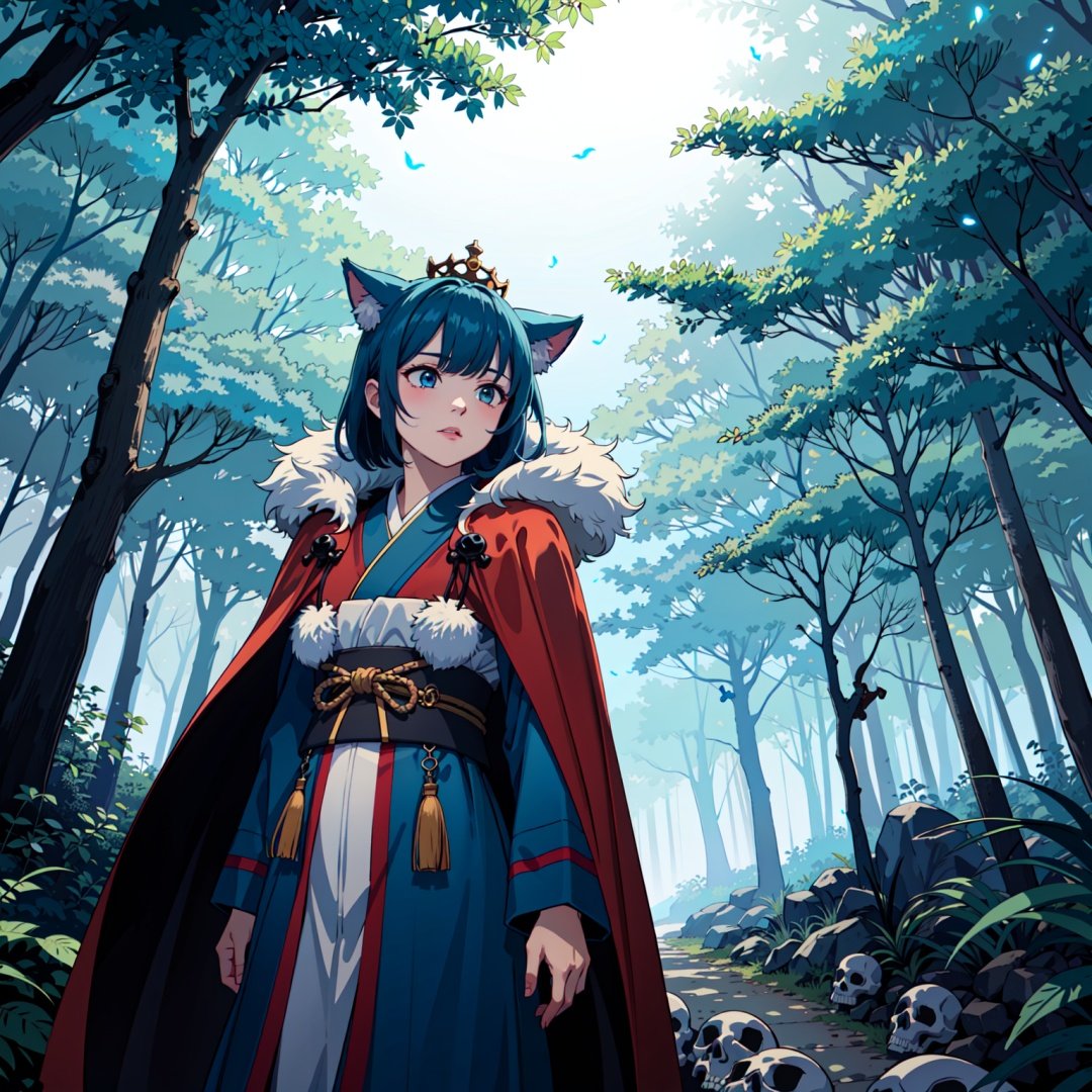 1girl, sunlight, strong lighting, fireflies, sunshine, day, blue skies, vines, nekomimi, (hanfu), (red accent), (skulls), strong lighting, crown, (fur cape:1.2), (blue flames:1.3), standing, ambient light, (deep forest scenery)