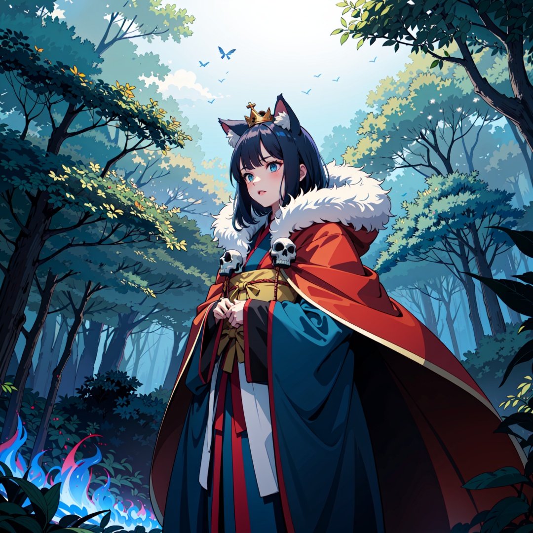 1girl, sunlight, strong lighting, fireflies, sunshine, day, blue skies, vines, nekomimi, (hanfu), (red accent), (skulls), strong lighting, crown, (fur cape:1.2), (blue flames:1.3), standing, ambient light, (deep forest scenery)