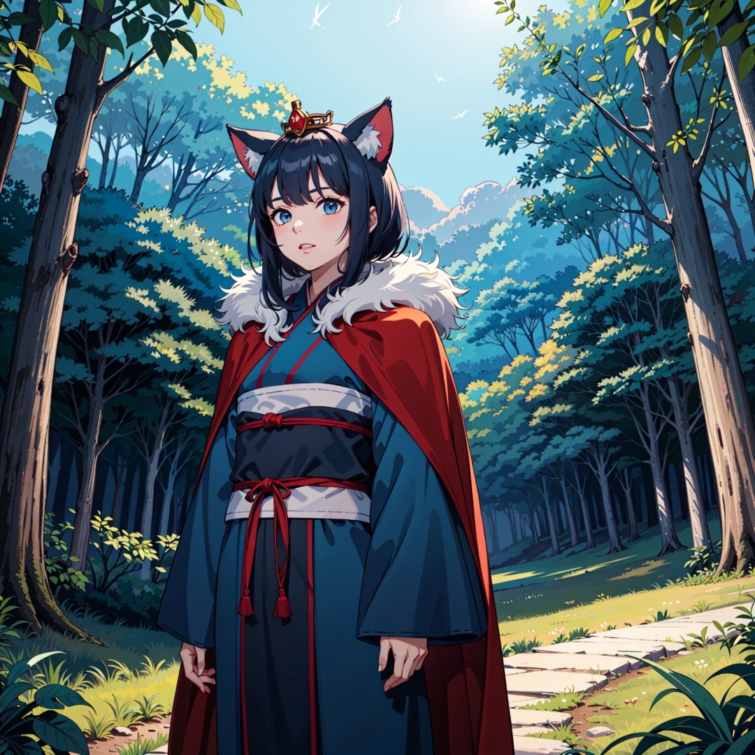 1girl, sunlight, strong lighting, fireflies, sunshine, day, blue skies, vines, nekomimi, (hanfu), (red accent), strong lighting, crown, (fur cape:1.2), (blue flames:1.3), standing, ambient light, (deep forest scenery)