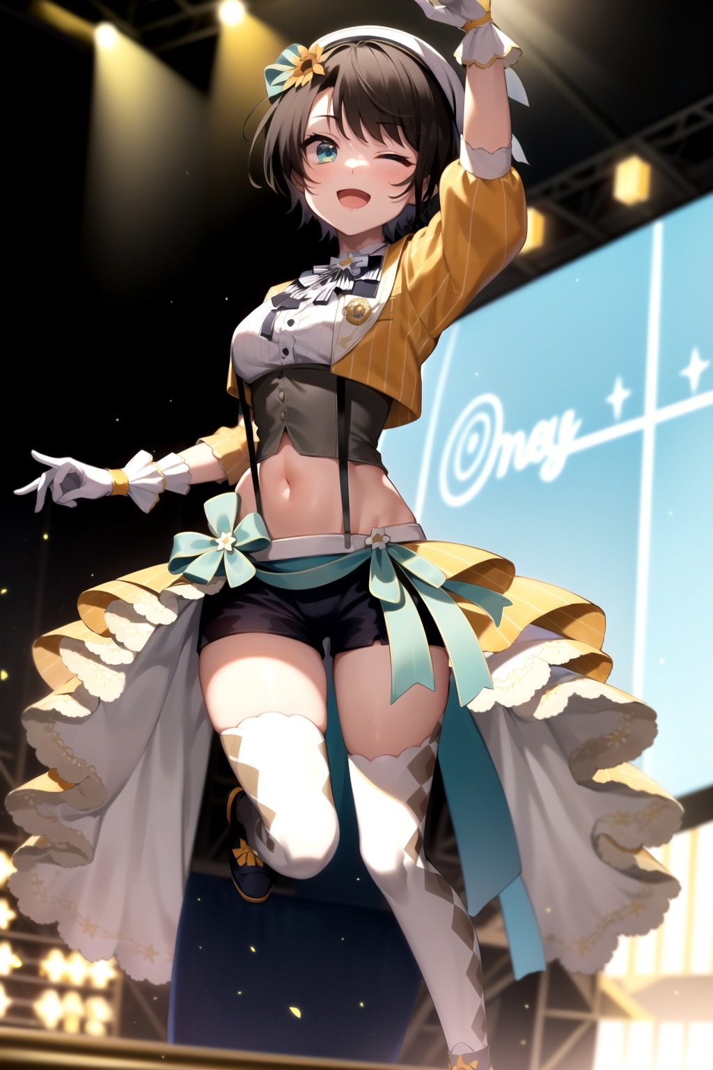 2d, masterpiece, best quality, anime, highly detailed, full body, 1girl, solo, subaru_superstar, orange jacket, white gloves, midriff, black suspender shorts, waist cape, white headwear, white leggings, striped bowtie, sunflower hair ornament, dynamic pose, stage, orange lights, :d, one eye closed <lora:subaru_special-10:1>