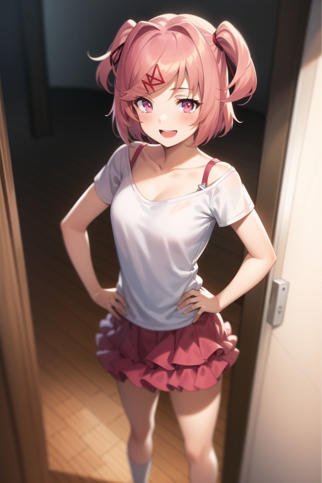 2d, masterpiece, best quality, anime, highly detailed, full body, 1girl, solo, natsuki, pink eyes, pink hair, two side up, hair ornament, hair ribbon, white t-shirt, ((bra strap)), pink skirt, layered skirt, standing, hands on hips, smile, open mouth, indoors <lyco:ddlc-10:1>