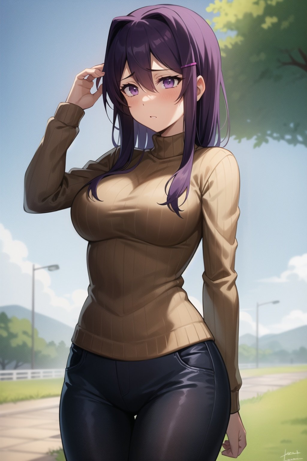 2d, masterpiece, best quality, anime, highly detailed, cowboy shot, 1girl, solo, yuri, purple eyes, purple hair, hair between eyes, hairclip, turtleneck, black pants, tall, (large breasts:0.8) shy, embarrassed, playing with own hair, outdoors <lyco:ddlc-10:1>