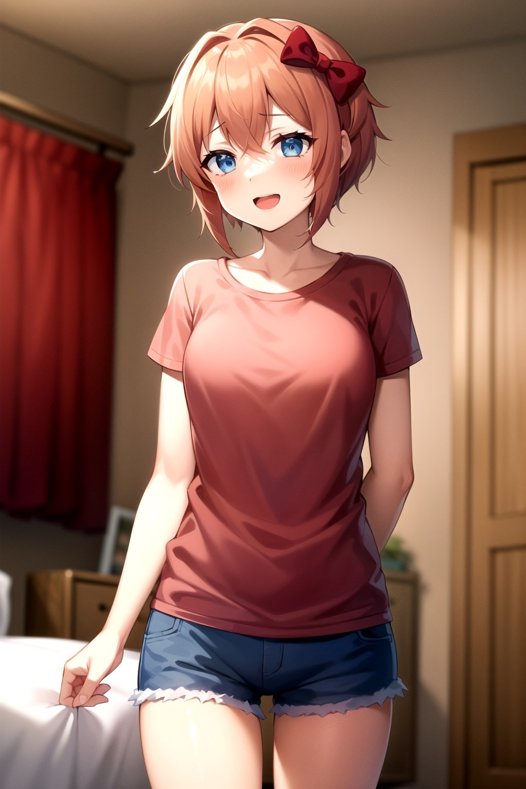 2d, masterpiece, best quality, anime, highly detailed, cowboy shot, 1girl, solo, sayori, blue eyes, hair bow, red bow, pink t-shirt, blue shorts, indoors, bedroom, standing, arms at sides, :d <lora:ddlc-10:1>