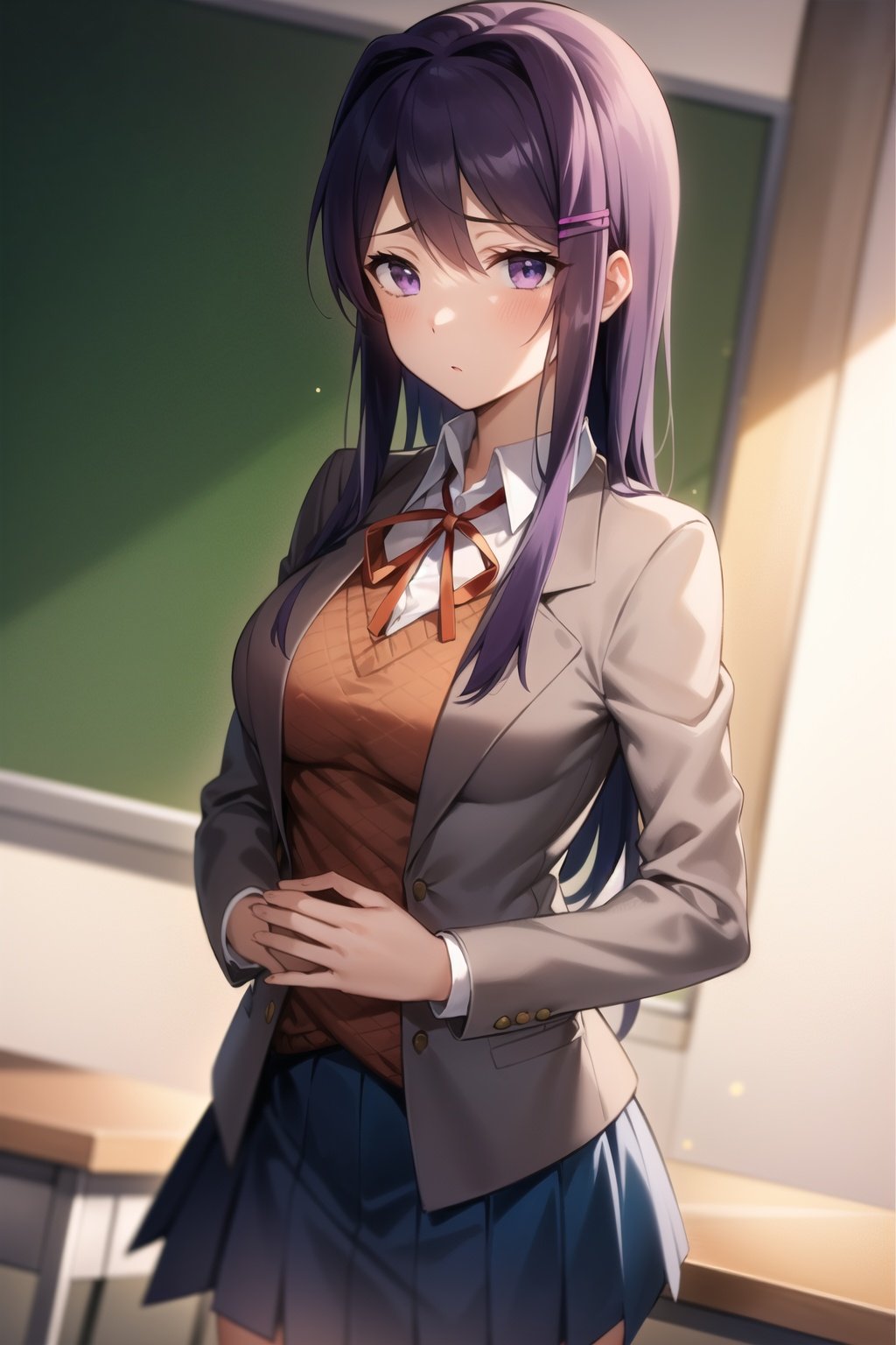 2d, masterpiece, best quality, anime, highly detailed, cowboy shot, 1girl, solo, yuri, purple eyes, purple hair, long hair, hairclip, [[large breasts]], school uniform, blazer, brown sweater, collared shirt, neck ribbon, blue skirt, standing, own hands together, expressionless, classroom <lora:ddlc-10:1>