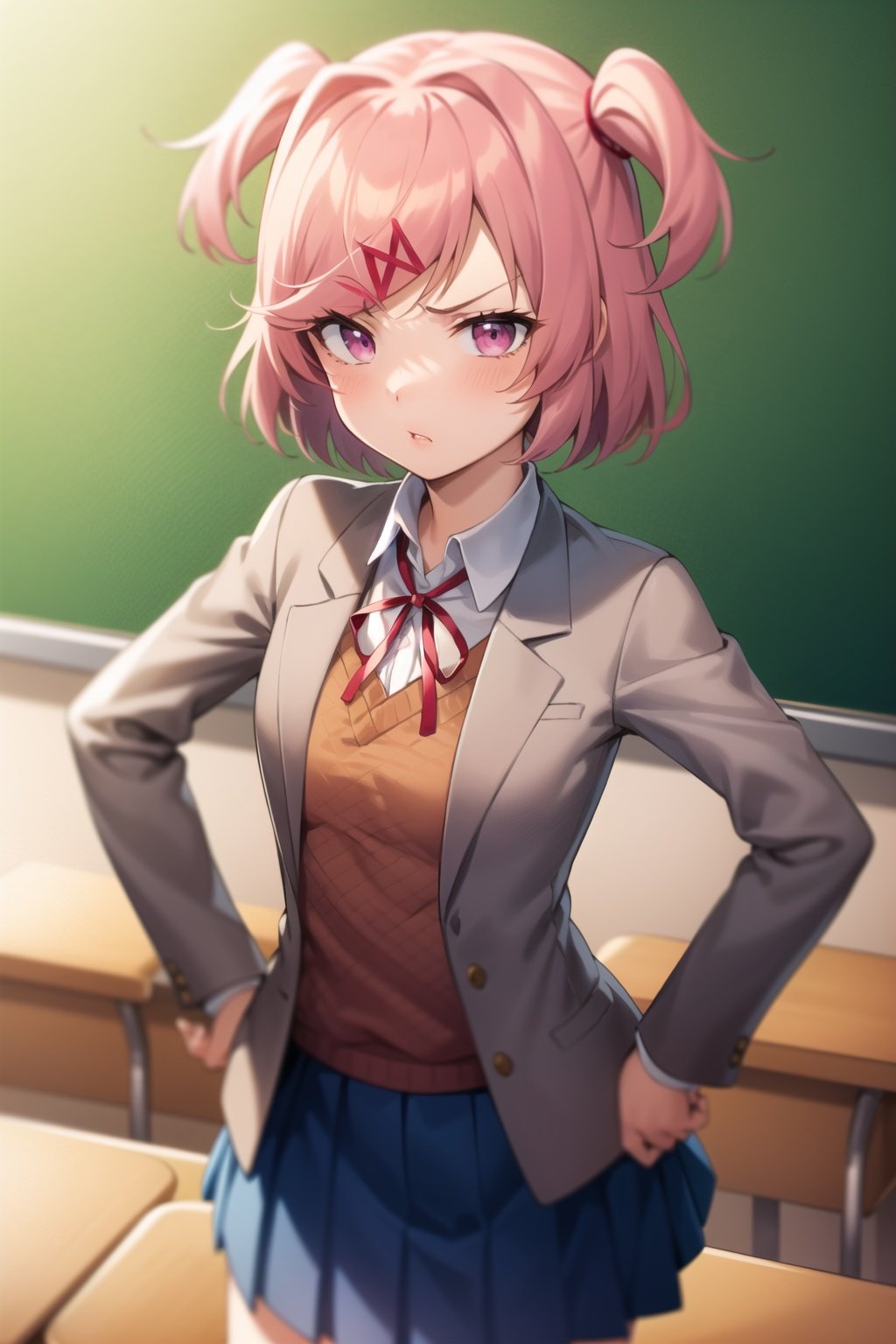 2d, masterpiece, best quality, anime, highly detailed, cowboy shot, 1girl, solo, natsuki, pink eyes, pink hair, medium hair, two side up, hair ribbon, hair ornament, school uniform, blazer, brown sweater, collared shirt, neck ribbon, blue skirt, standing, hands on hips, pouty lips, classroom <lora:ddlc-10:1>