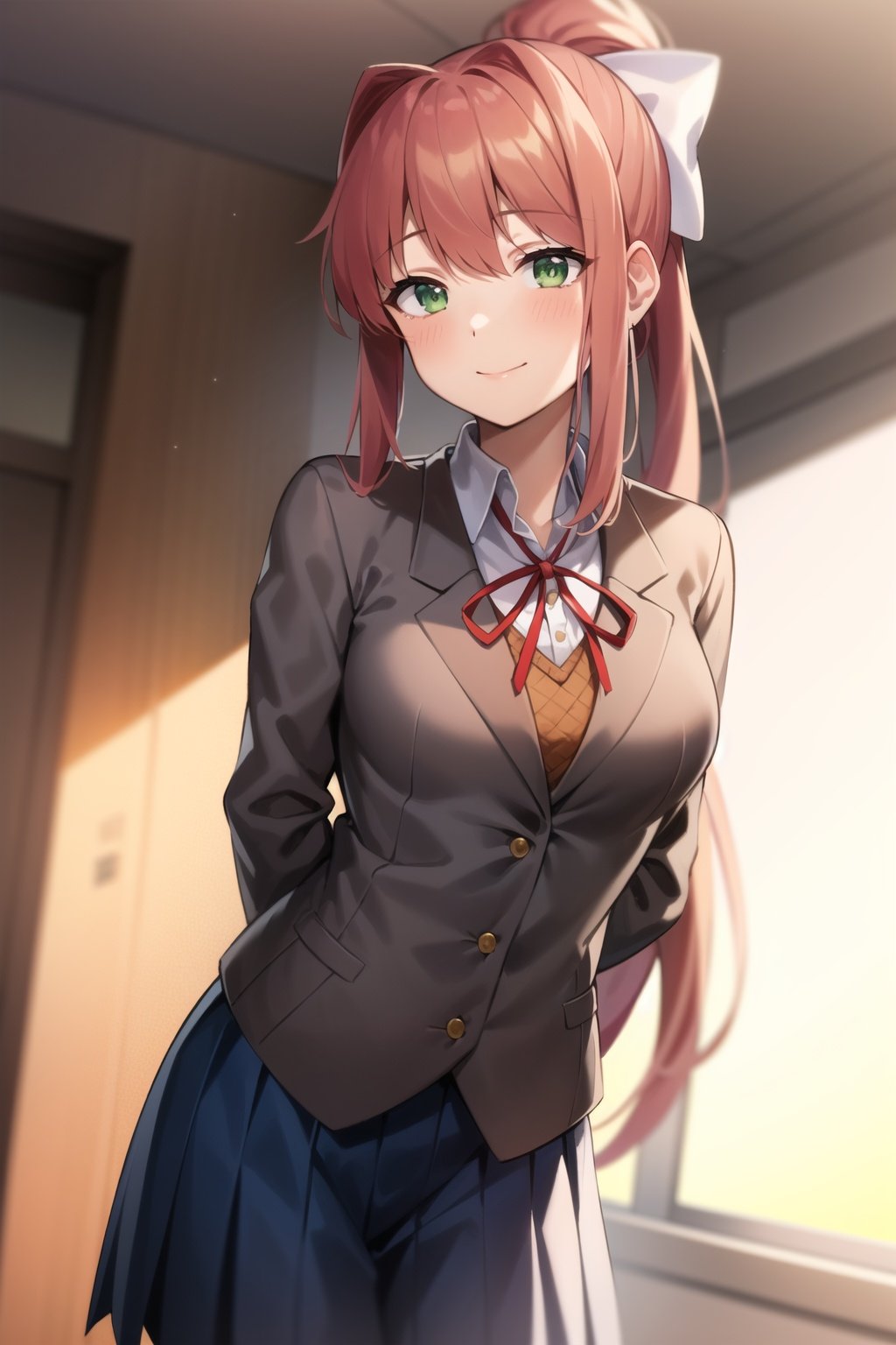 2d, masterpiece, best quality, anime, highly detailed, cowboy shot, 1girl, solo, monika, green eyes, very long hair, ponytail, school uniform, standing, leaning forward, arms behind back, smile, classroom <lora:ddlc-10:1>