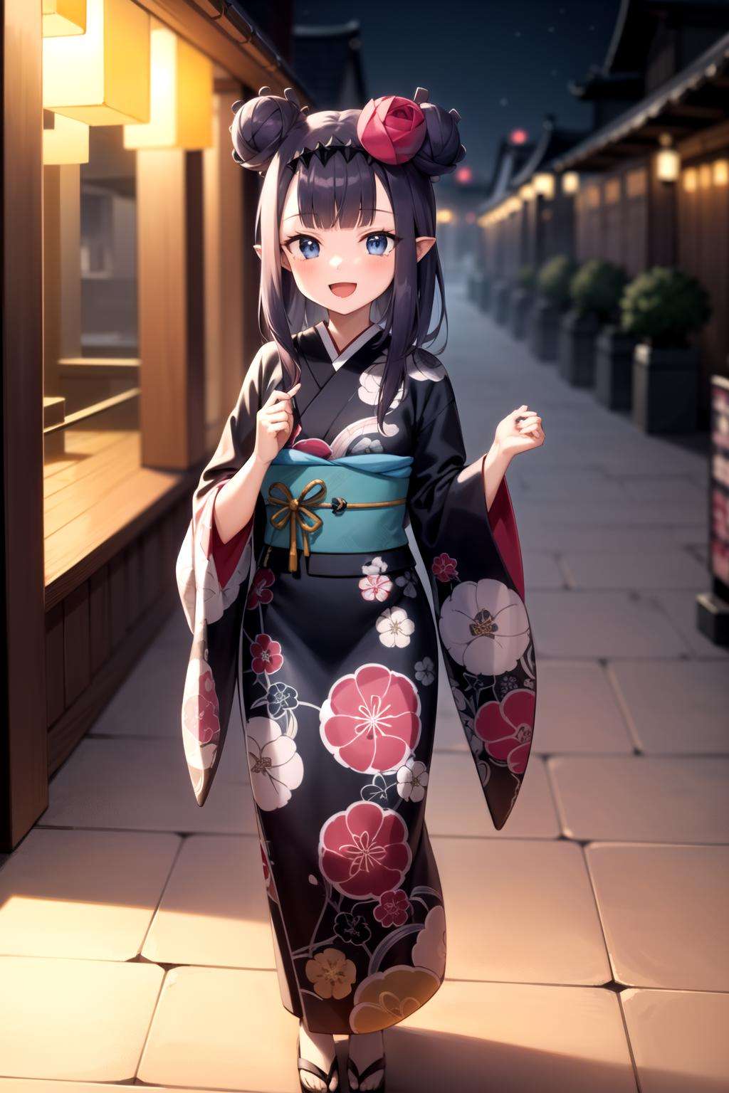 2d, masterpiece, best quality, anime, highly detailed face, highly detailed eyes, highly detailed background, perfect lighting, full body, 1girl, solo, ina_kimono, double bun, hair flower, new year, night, east asian architecture, :d <lora:ina-03:1>