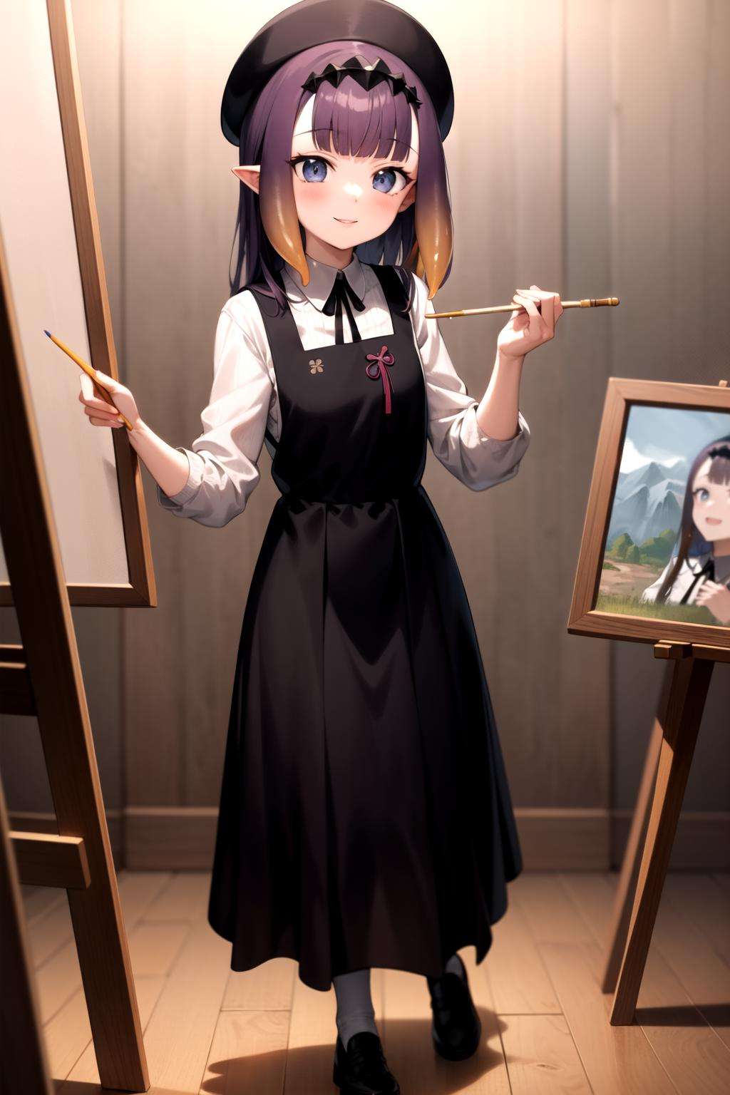 2d, masterpiece, best quality, anime, highly detailed face, highly detailed eyes, highly detailed background, perfect lighting, full body, 1girl, solo, ina_beret, tentacle hair, pinafore dress, ribbon, workshop, holding paintbrush, painting \(object\), smile <lora:ina-03:1>