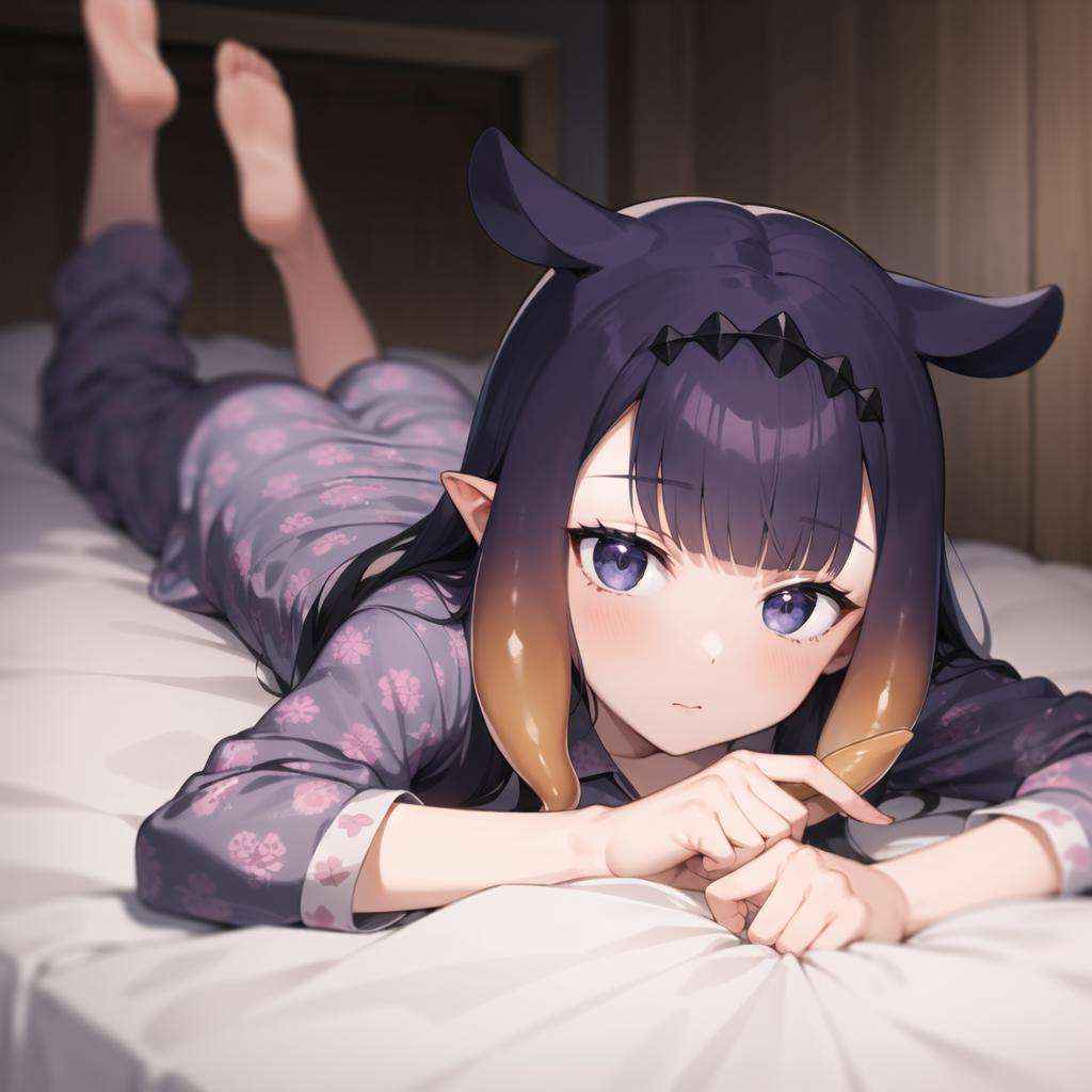 2d, masterpiece, best quality, anime, highly detailed face, highly detailed eyes, highly detailed background, perfect lighting, full body, 1girl, solo, ninomae ina'nis, tentacle hair, lying, on bed, on stomach, purple pajamas, holding object <lora:ina-03:1>