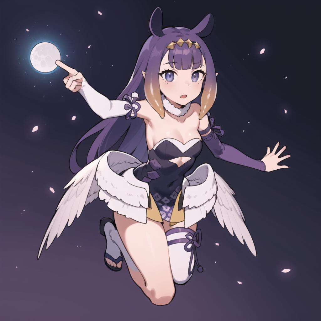 2d, masterpiece, best quality, anime, highly detailed face, highly detailed eyes, highly detailed background, perfect lighting, full body, 1girl, solo, ina_priestess, tentacle hair, dynamic pose, purple background, strapless dress, single thighhigh, single detached sleeve, low wings, casting spell <lora:ina-03:1> <lora:thick line anime:0.7>