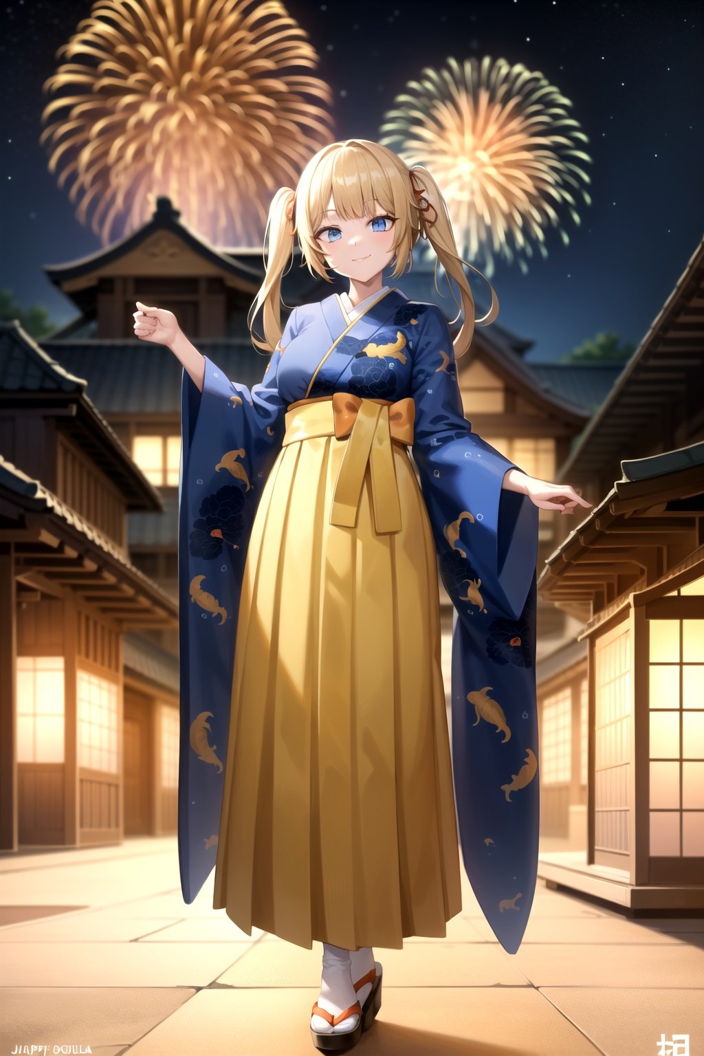 2d, masterpiece, best quality, anime, highly detailed, full body, 1girl, solo, amelia_kimono, blue kimono, yellow hakama, fish print, twintails, red ribbon, medium hair, standing, smile, japanese town, night, new year, fireworks <lora:ame-10:1>