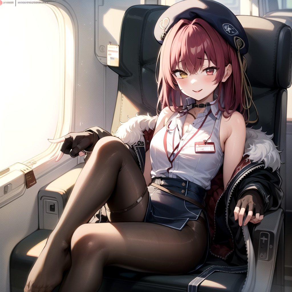 2d, masterpiece, best quality, anime, highly detailed, full body, 1girl, solo, marine_beret, collared shirt, sleeveless, high-waist skirt, pantyhose, blue jacket, fur trim, fingerless gloves, id card, heterochromia, red eyes, yellow eyes, BREAK airplane interior, sitting, seductive smile, partially unbuttoned <lyco:senchou_special-10:1>