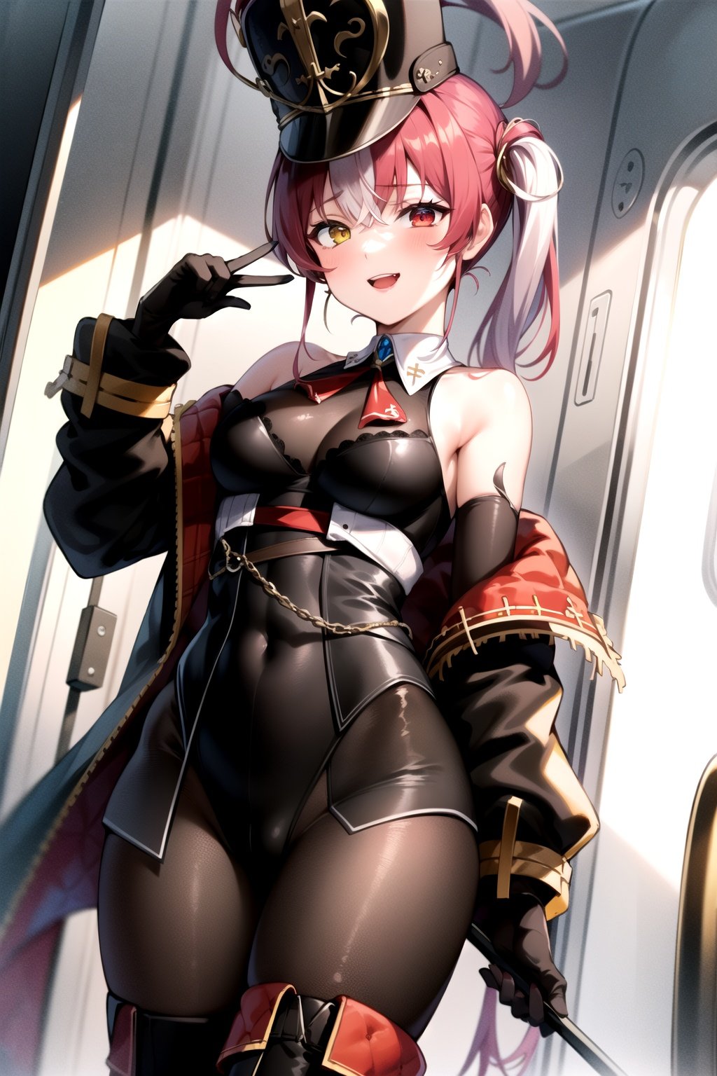 2d, masterpiece, best quality, anime, highly detailed, cowboy shot, 1girl, solo, marine_officer, black leotard, black pantyhose, black gloves, streaked hair, thigh boots, red coat, off-shoulder, shako cap, heterochromia, red eyes, yellow eyes, standing, train interior, seductive smile <lyco:senchou_special-10:1>